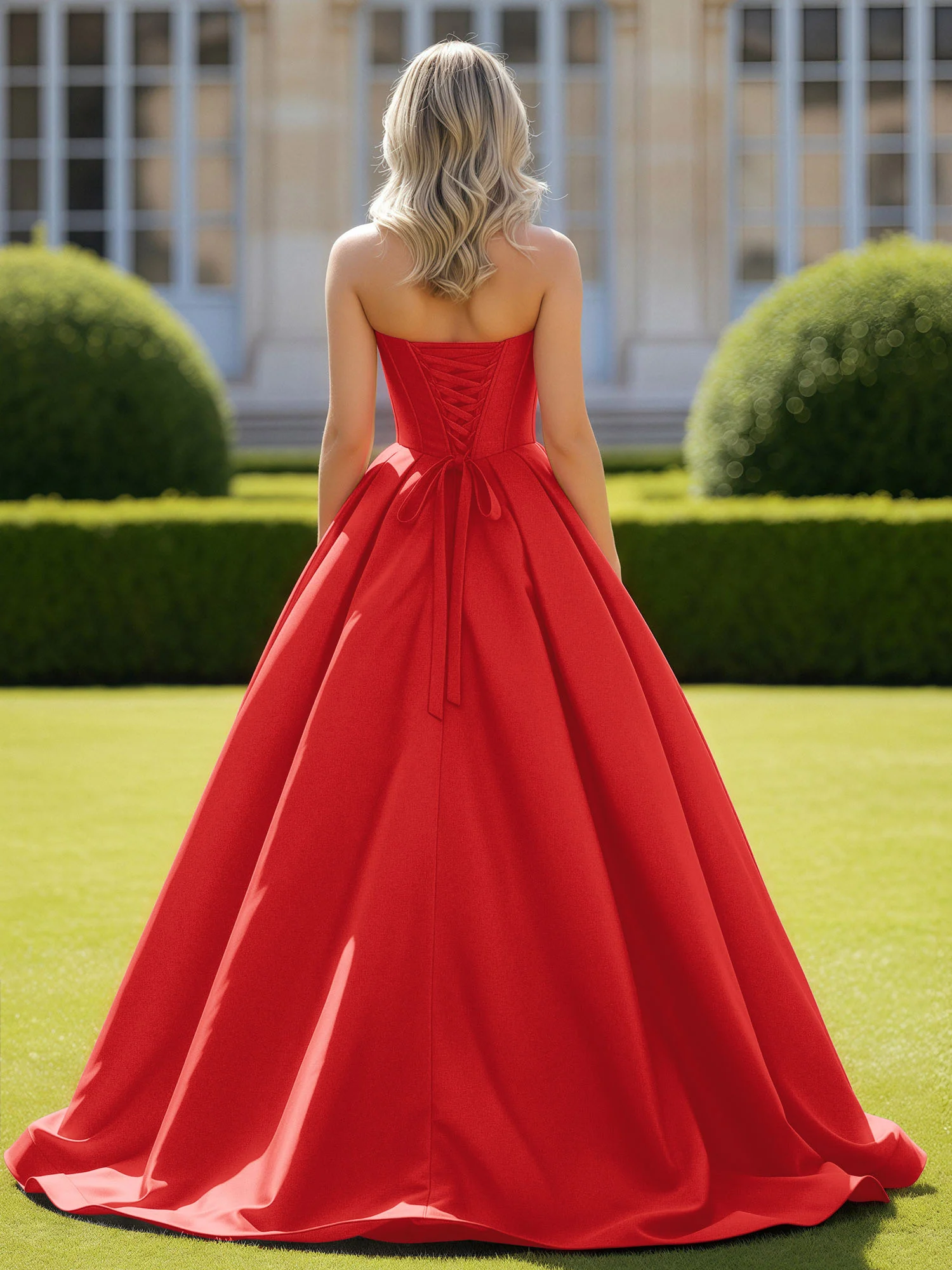 Sweetheart Satin Ball Gown Delicate Lace-Up Prom Dress Red - Image 2