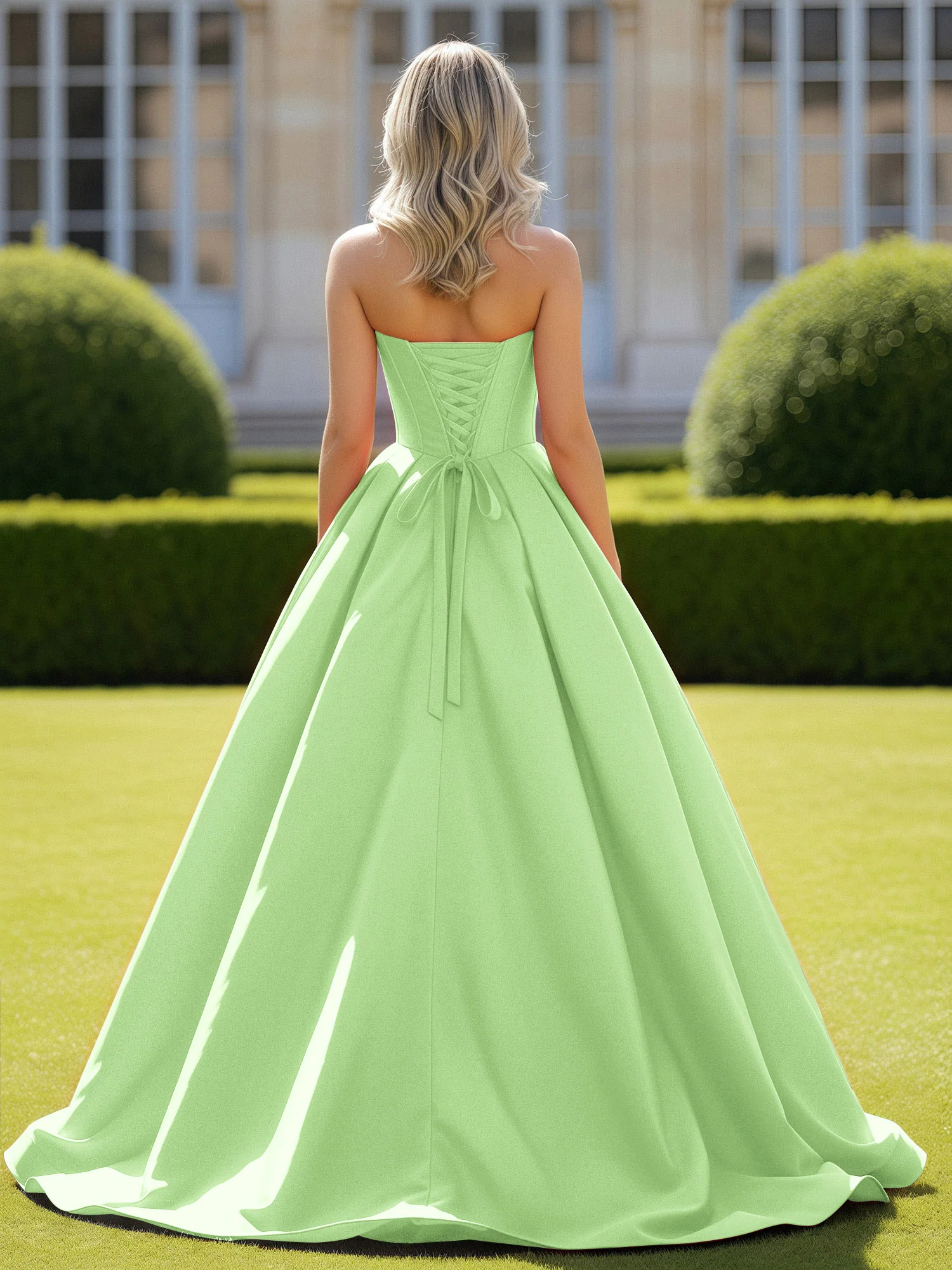 Sweetheart Satin Ball Gown Delicate Lace-Up Prom Dress Sage - Image 2