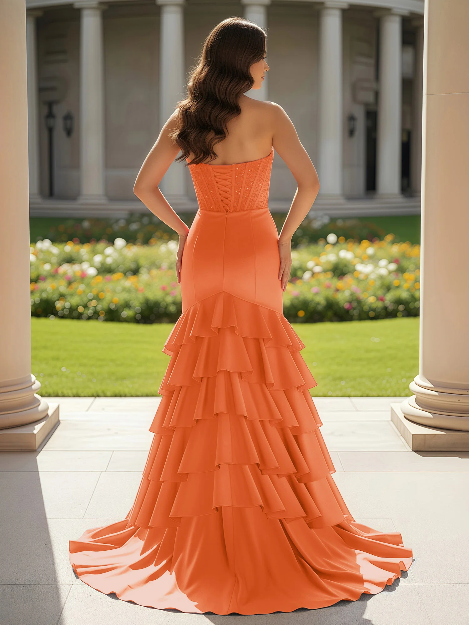 Mermaid Strapless Slit Ruffle Prom Dress With Sweep/Brush Train Burnt Orange - Image 2