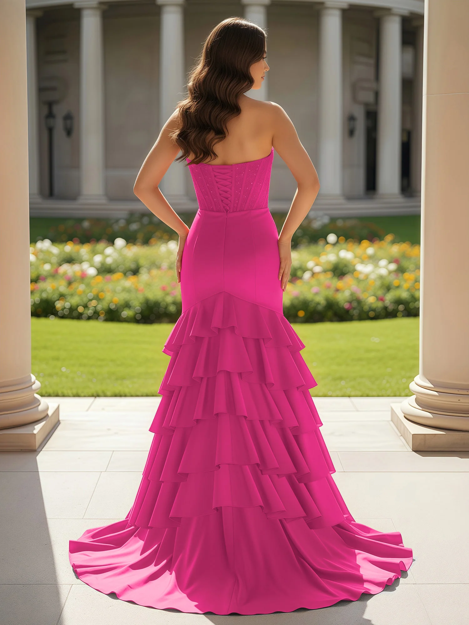 Mermaid Strapless Slit Ruffle Prom Dress With Sweep/Brush Train Fuchsia - Image 2