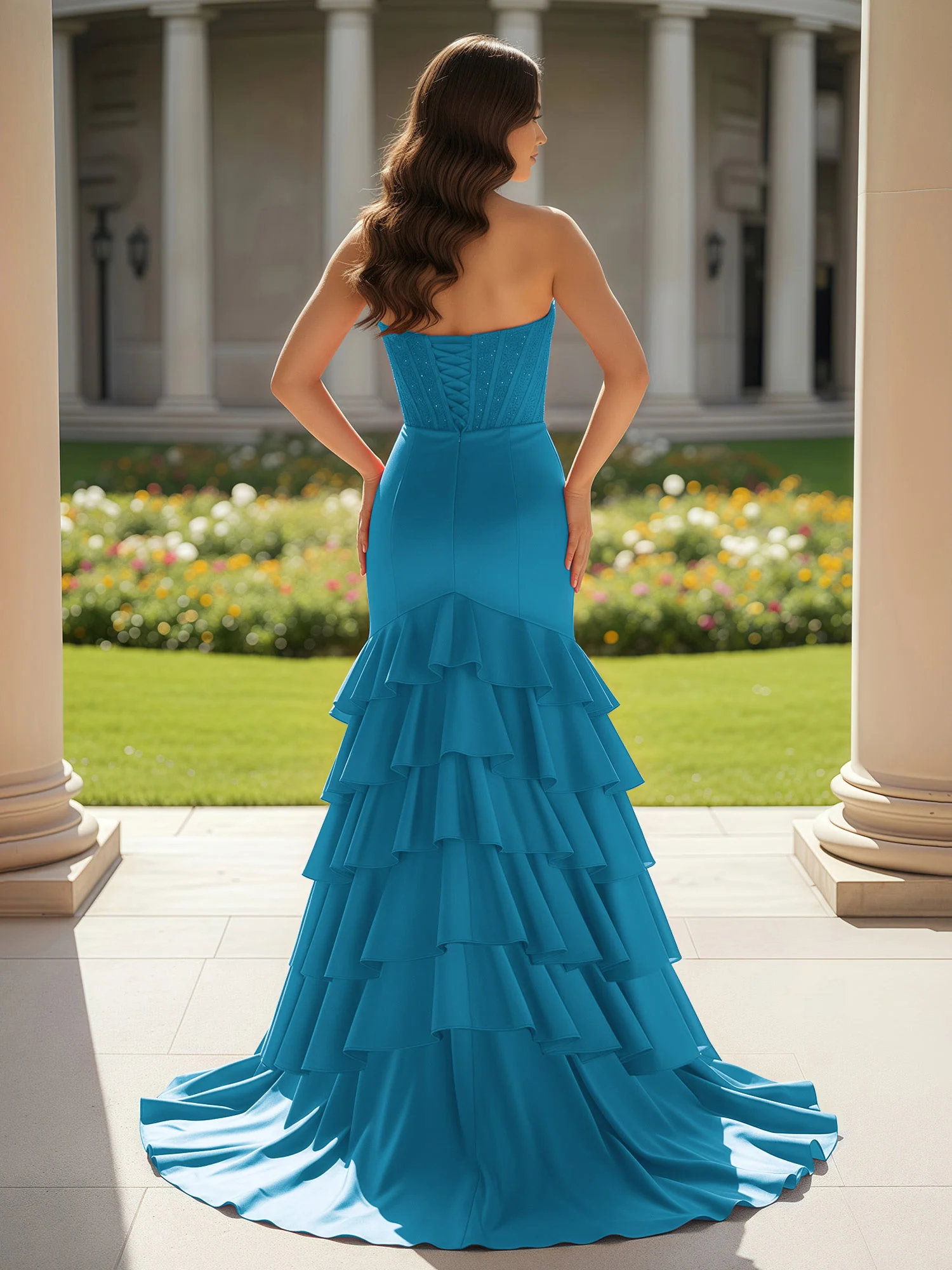 Mermaid Strapless Slit Ruffle Prom Dress With Sweep/Brush Train Ink Blue - Image 2