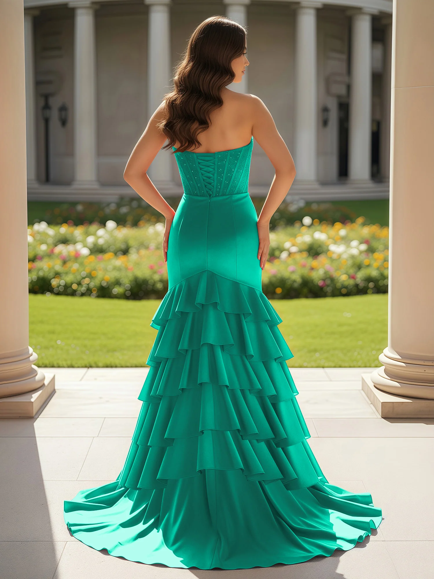 Mermaid Strapless Slit Ruffle Prom Dress With Sweep/Brush Train Jade - Image 2
