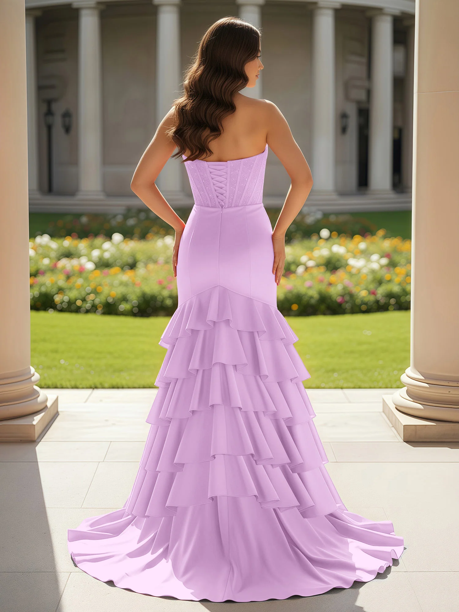 Mermaid Strapless Slit Ruffle Prom Dress With Sweep/Brush Train Lilac - Image 2