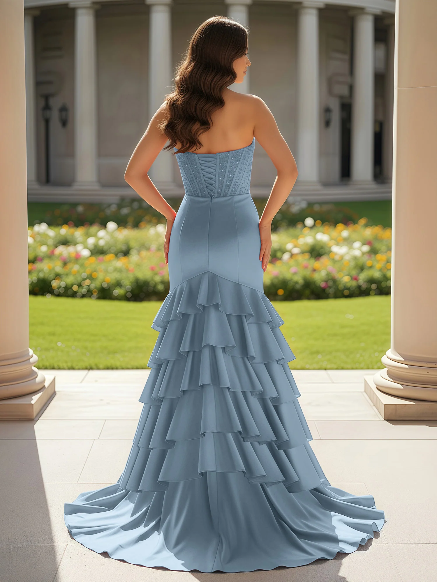 Mermaid Strapless Slit Ruffle Prom Dress With Sweep/Brush Train Slate Blue - Image 2