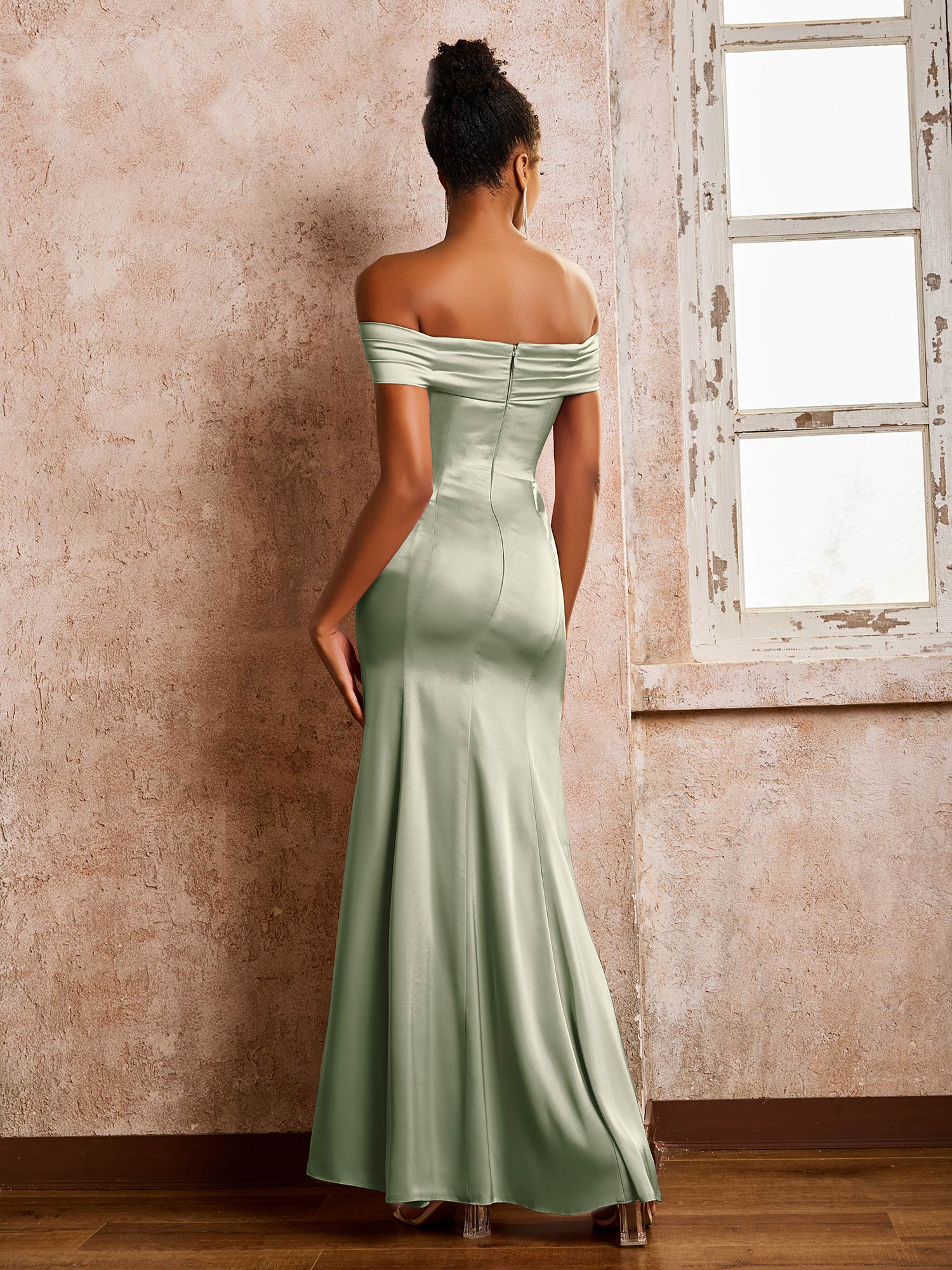 Trumpet/Mermaid Off-the-shoulder Acetate Satin Dresses Dusty Sage - Image 2