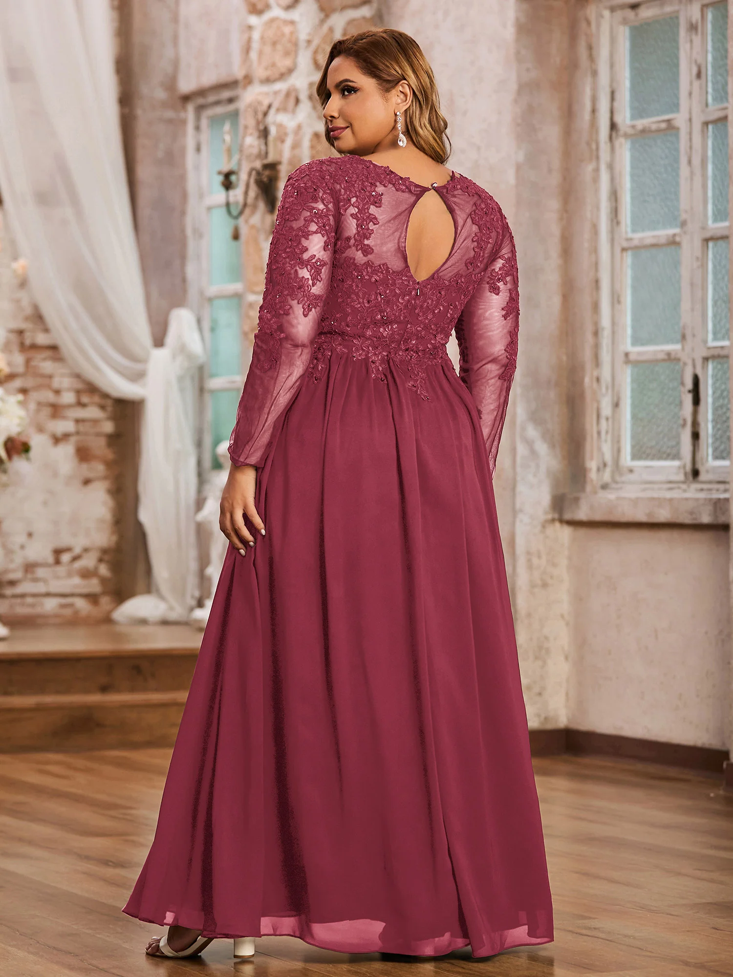 Tulle with Appliqued Long Sleeves Dress-Cinnamon Rose Plus Size - Image 2