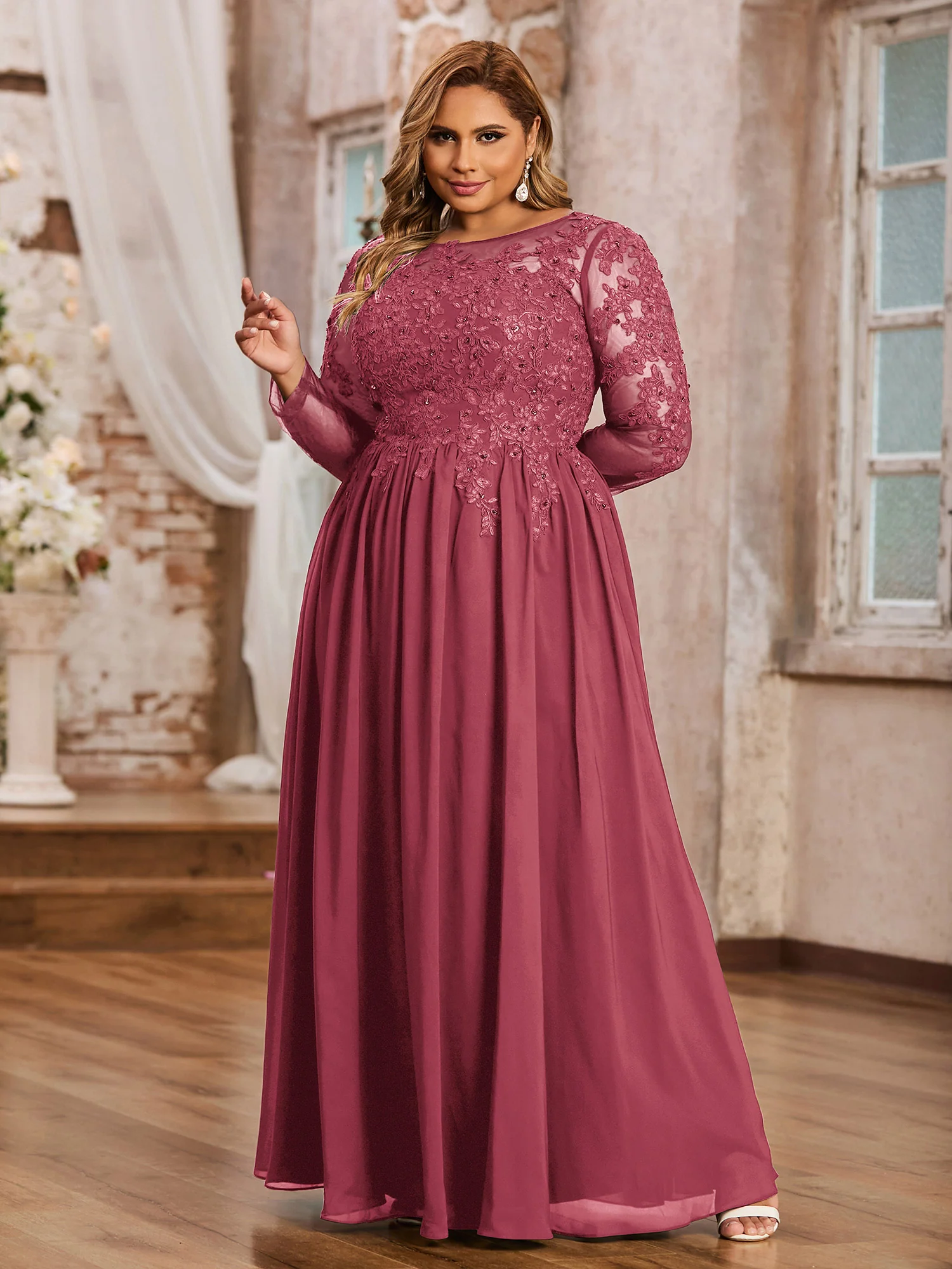 Tulle with Appliqued Long Sleeves Dress-Cinnamon Rose Plus Size - Image 3