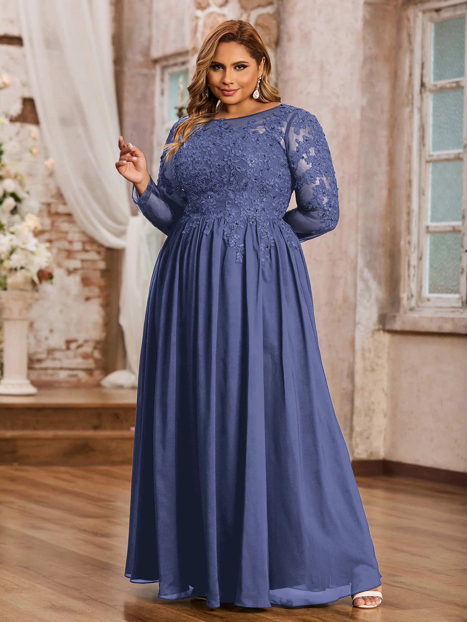 Tulle with Appliqued Long Sleeves Dress-Periwinkle - Image 3