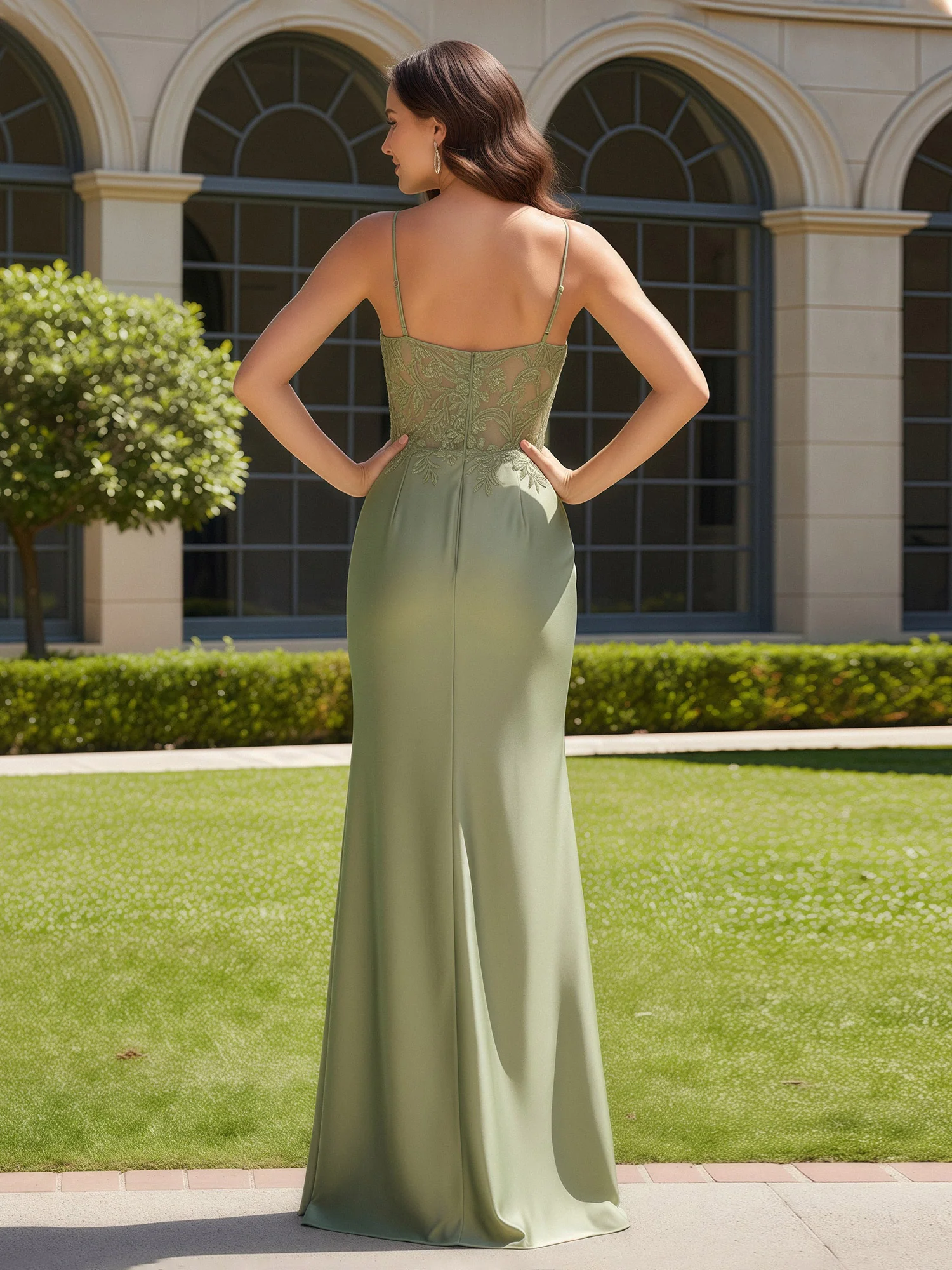 Floor Length Spaghetti Straps Tailored Appliqued Prom Dress Dusty Sage - Image 2
