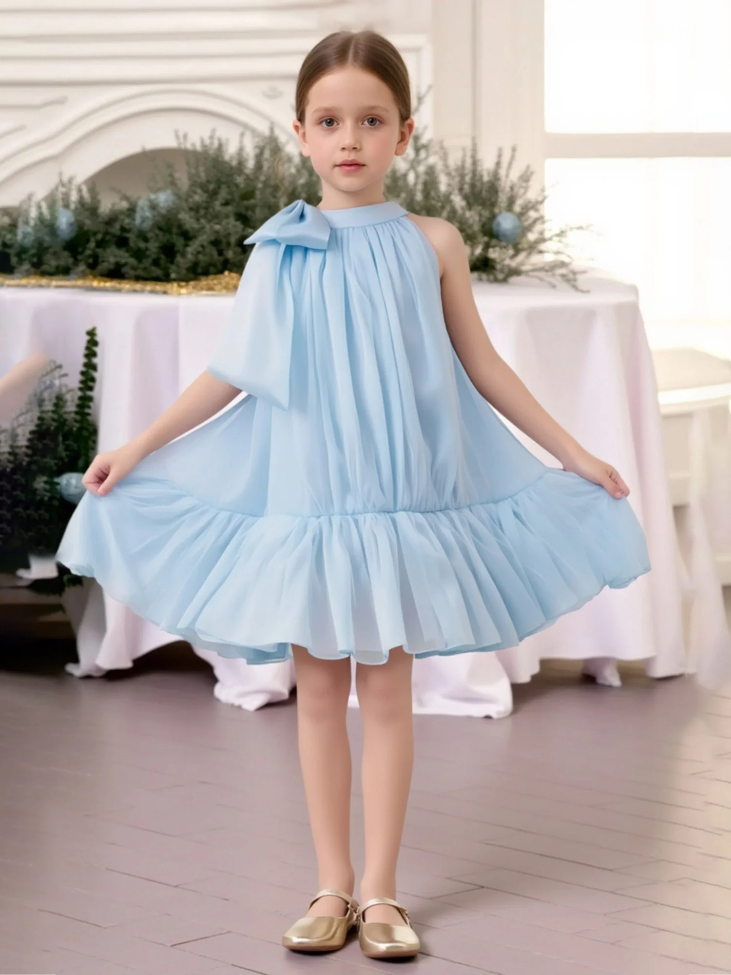 Halter Neck Shoulder Bow Ruffle Hem Flower Girl Dress Sky Blue