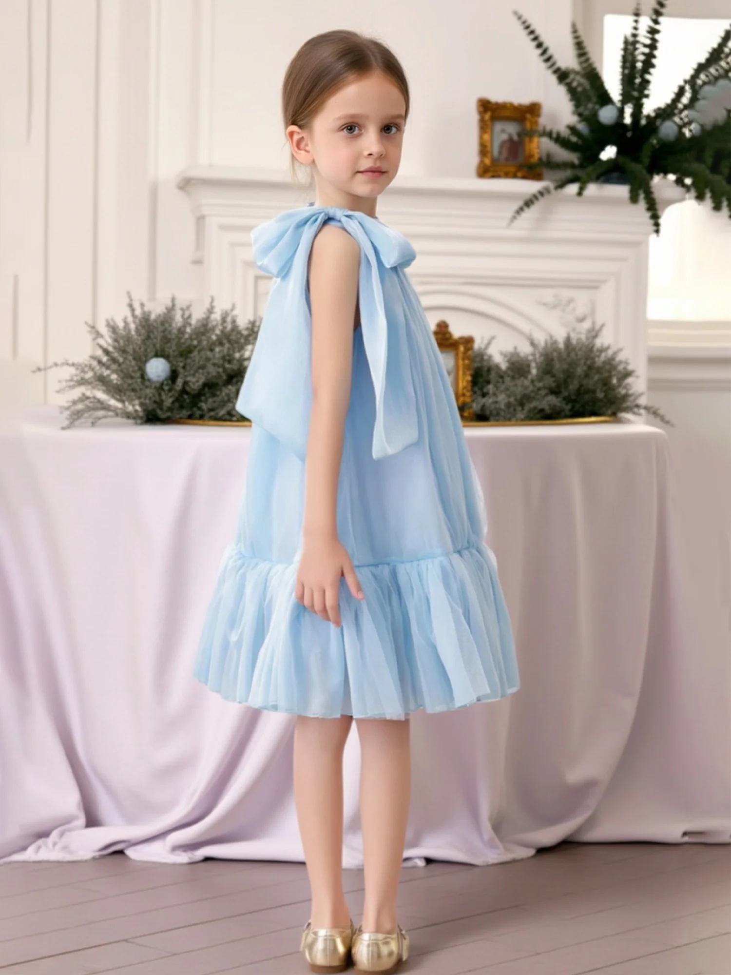 Halter Neck Shoulder Bow Ruffle Hem Flower Girl Dress Sky Blue - Image 2