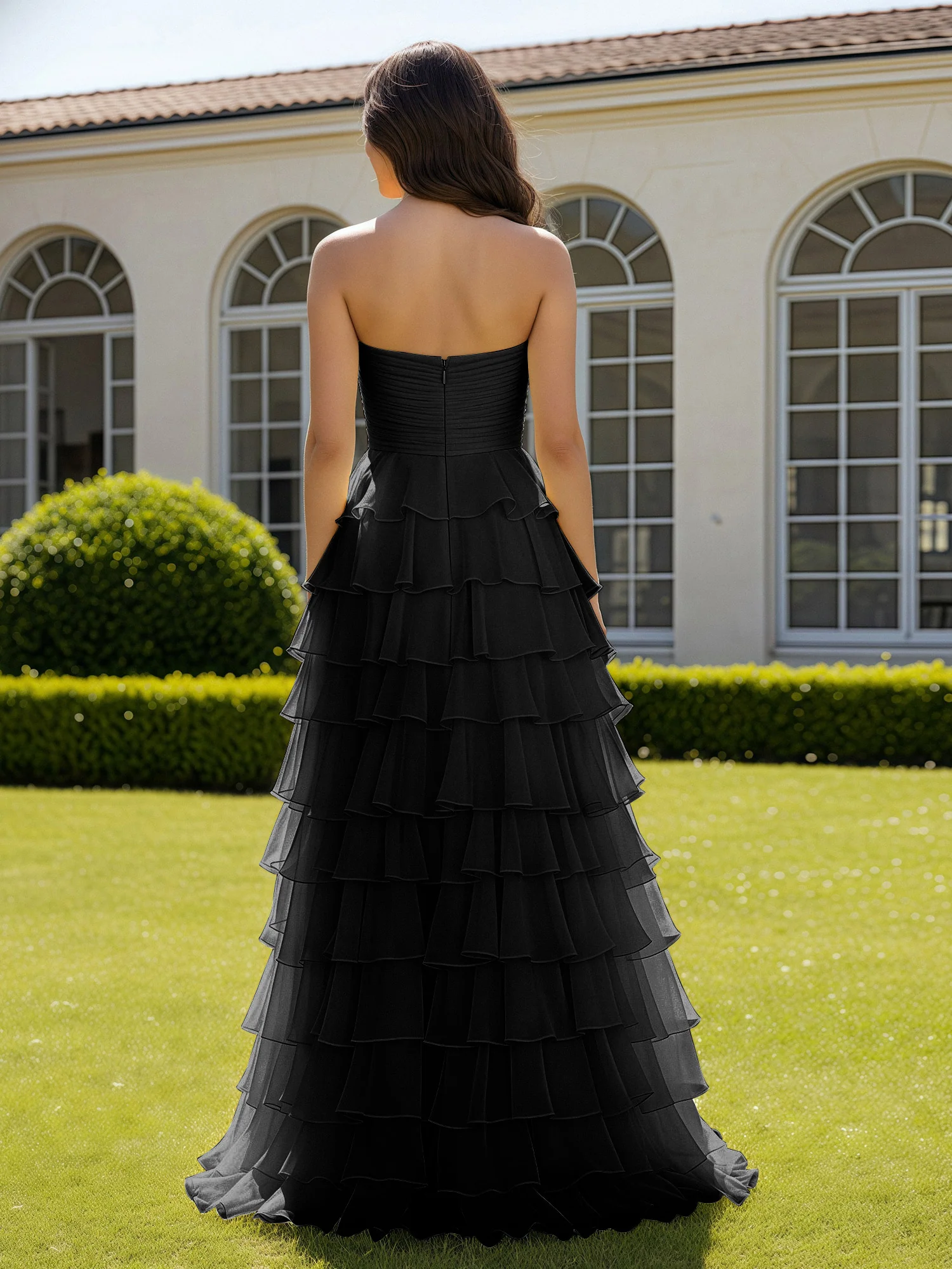 Chiffon Ruffle Sweetheart Prom Dress With Slit Black - Image 2