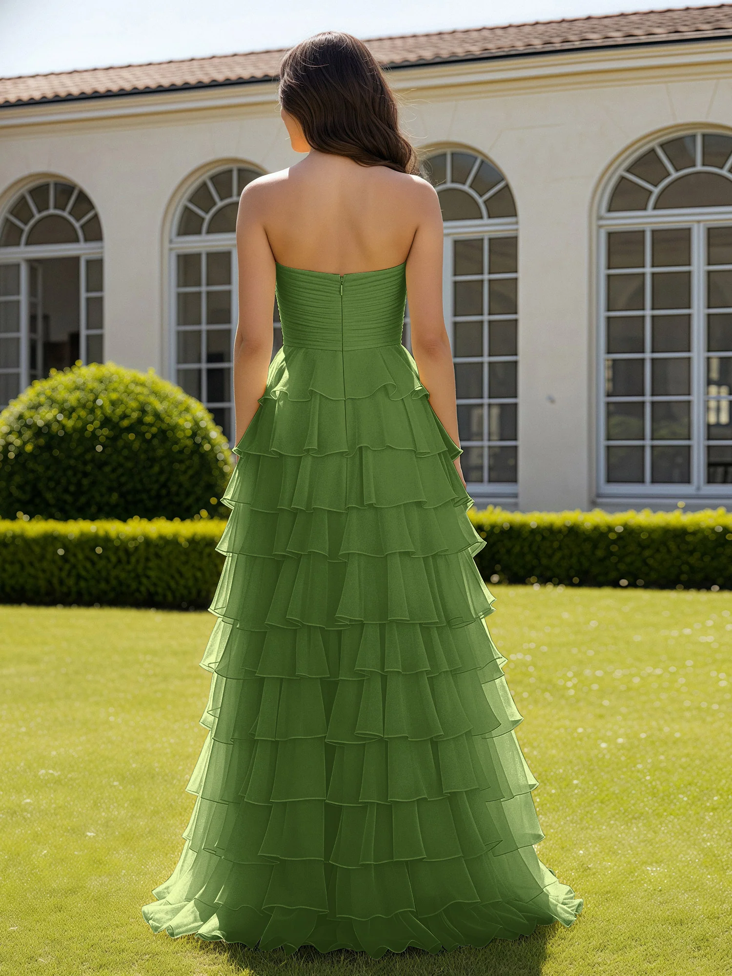 Chiffon Ruffle Sweetheart Prom Dress With Slit Moss - Image 2