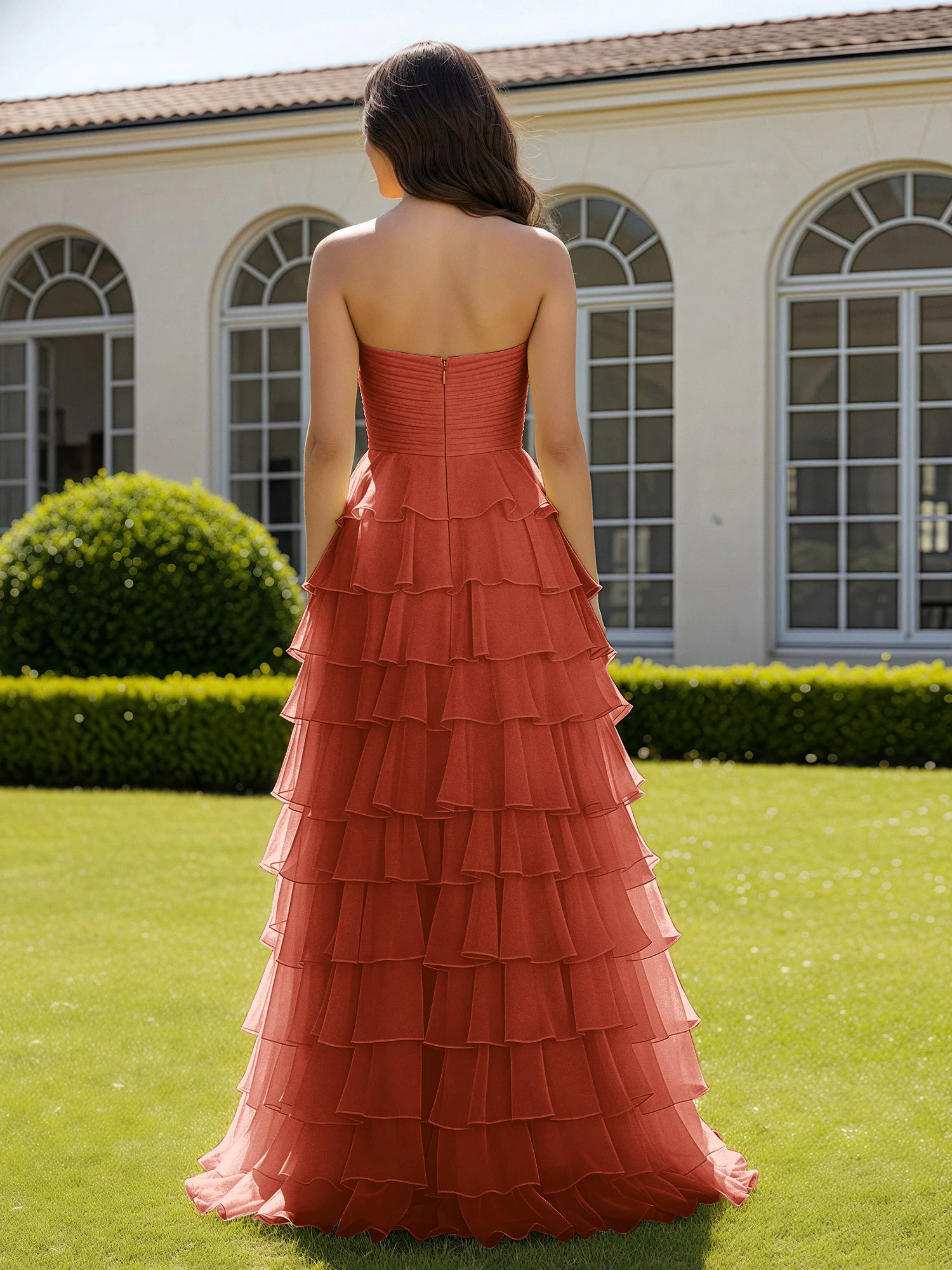 Chiffon Ruffle Sweetheart Prom Dress With Slit Rust - Image 2