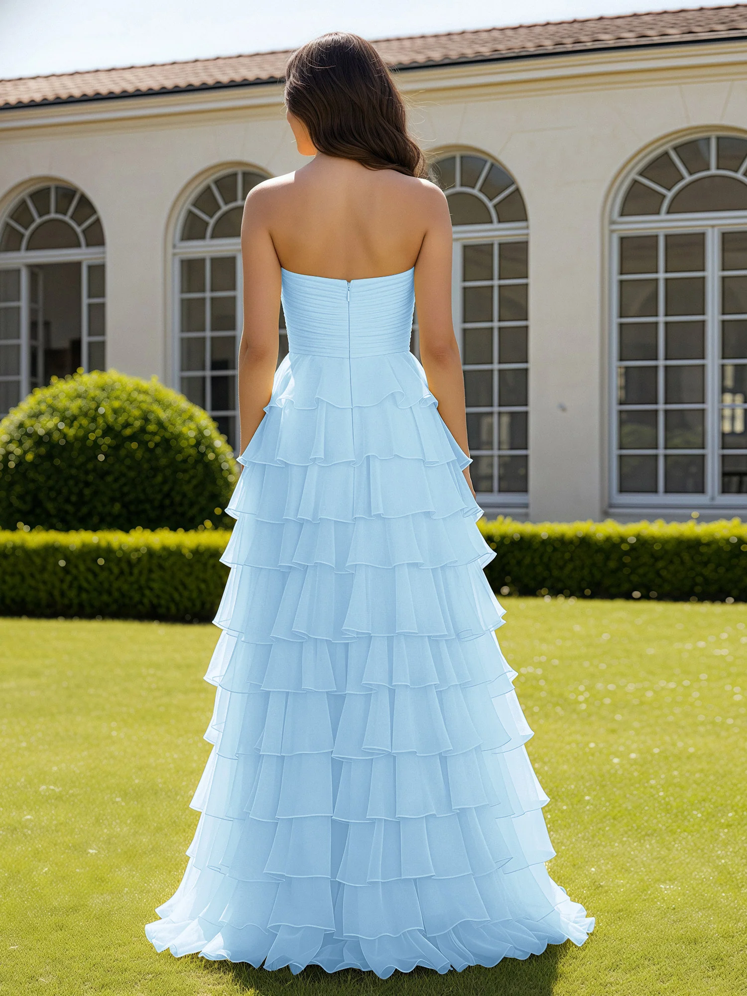 Chiffon Ruffle Sweetheart Prom Dress With Slit Sky Blue - Image 2