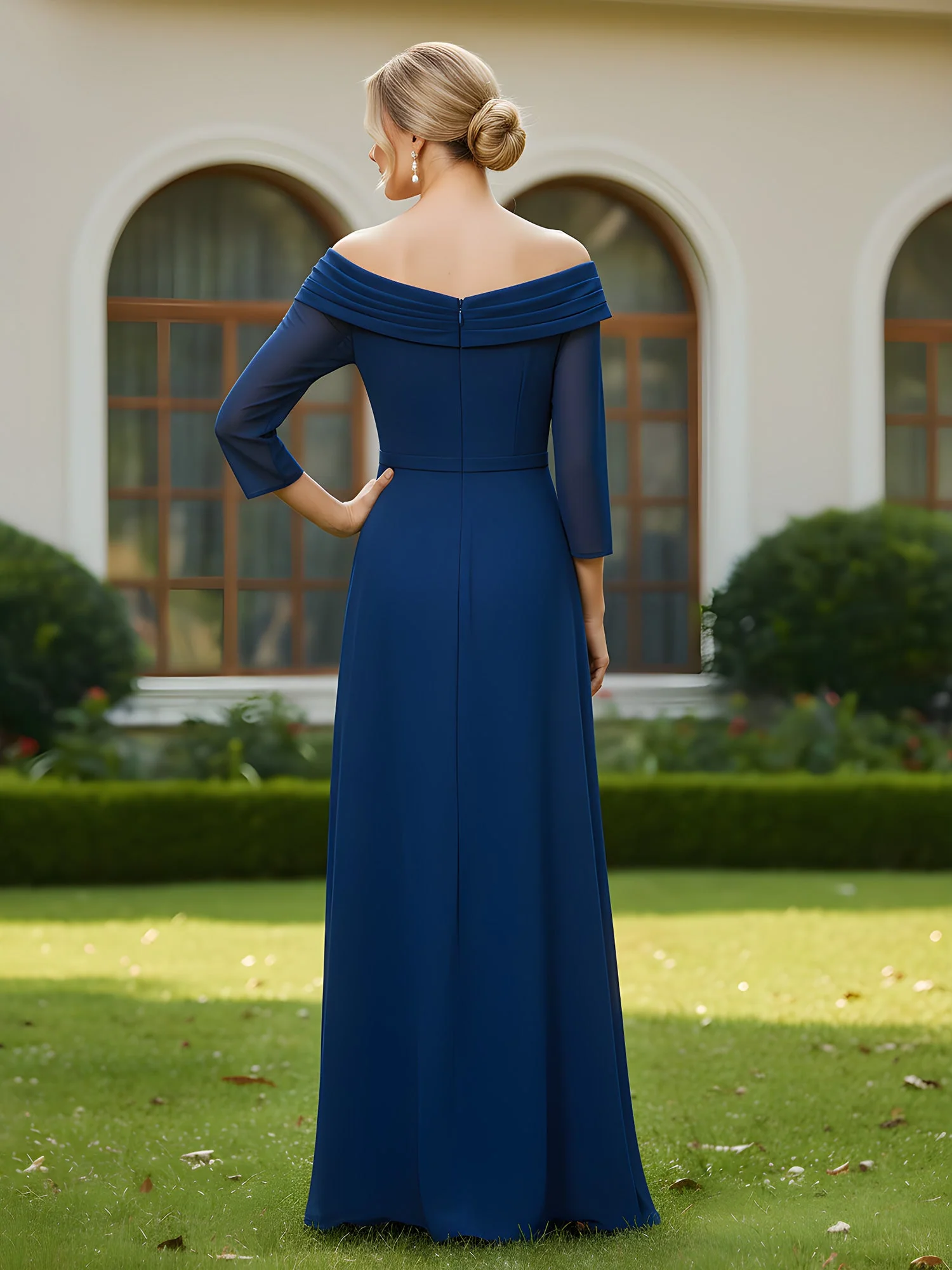 V-neck 3/4 Sleeves Pleated Chiffon Long Dress Gold - Image 2