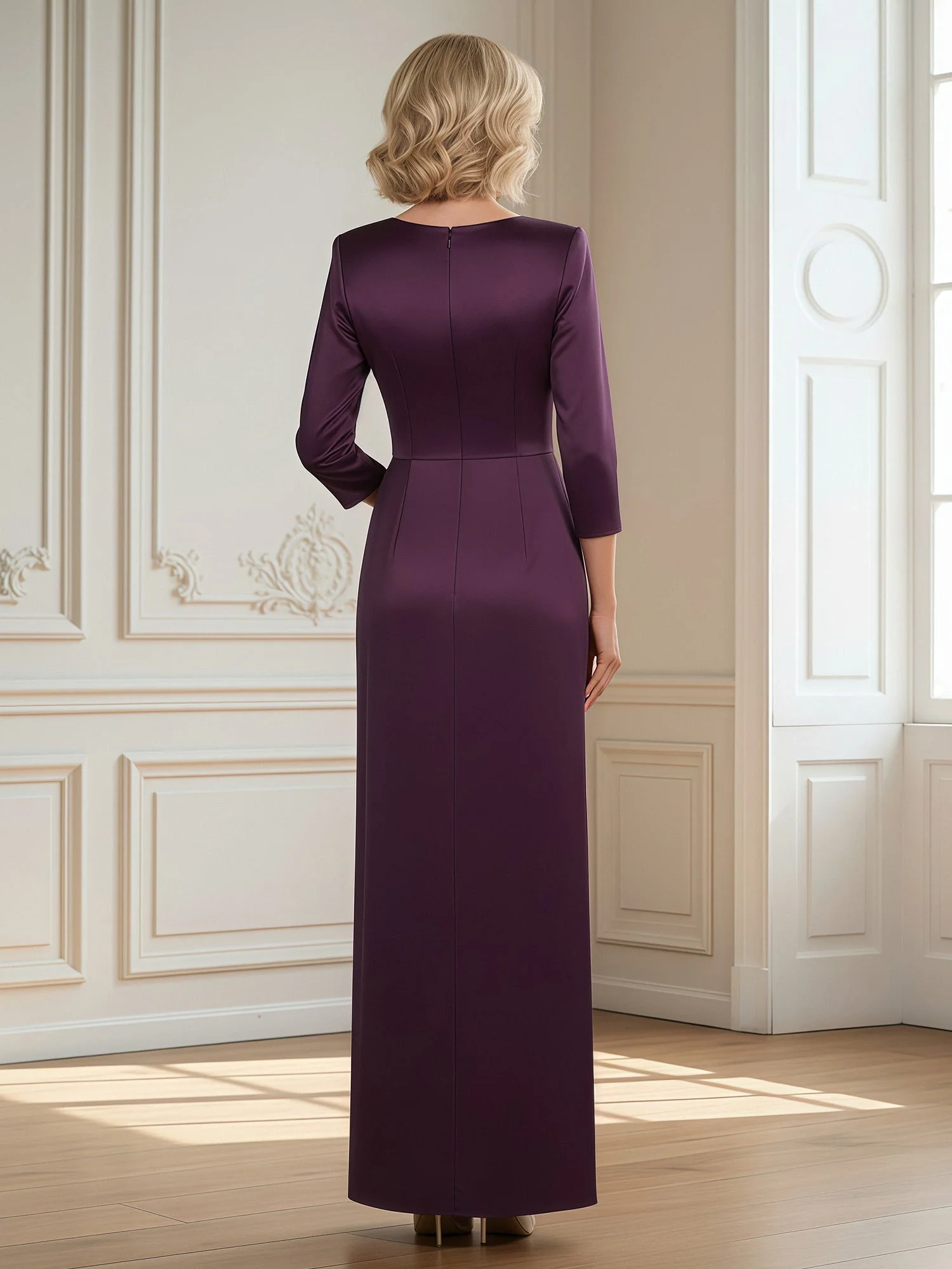 V-neck 3/4 Sleeves Sheath Slit Long Dress With Bow Mist - Image 2