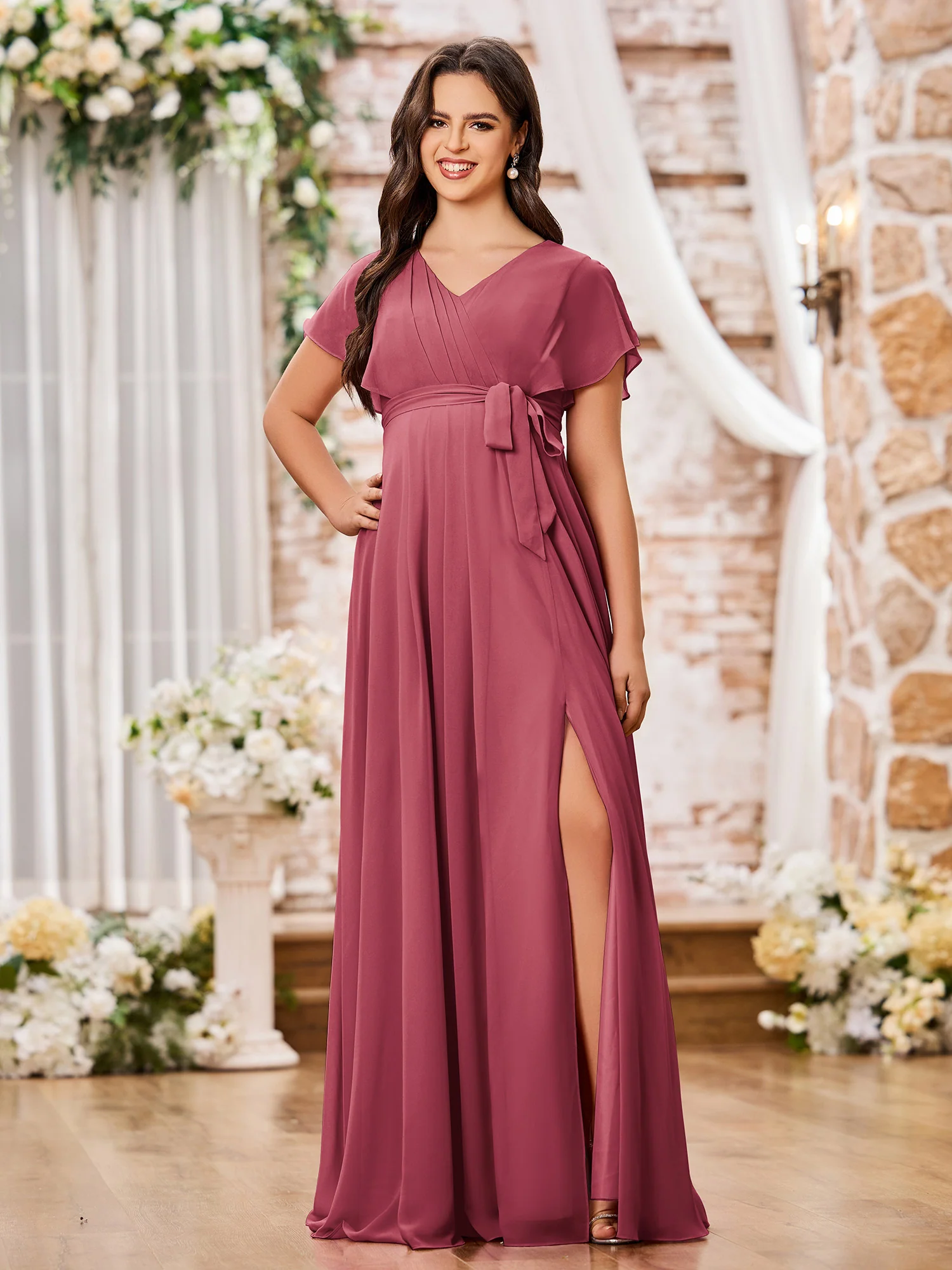 V-neck A-line Cap Sleeves Chiffon Maxi Dresses with Slit Cinnamon Rose