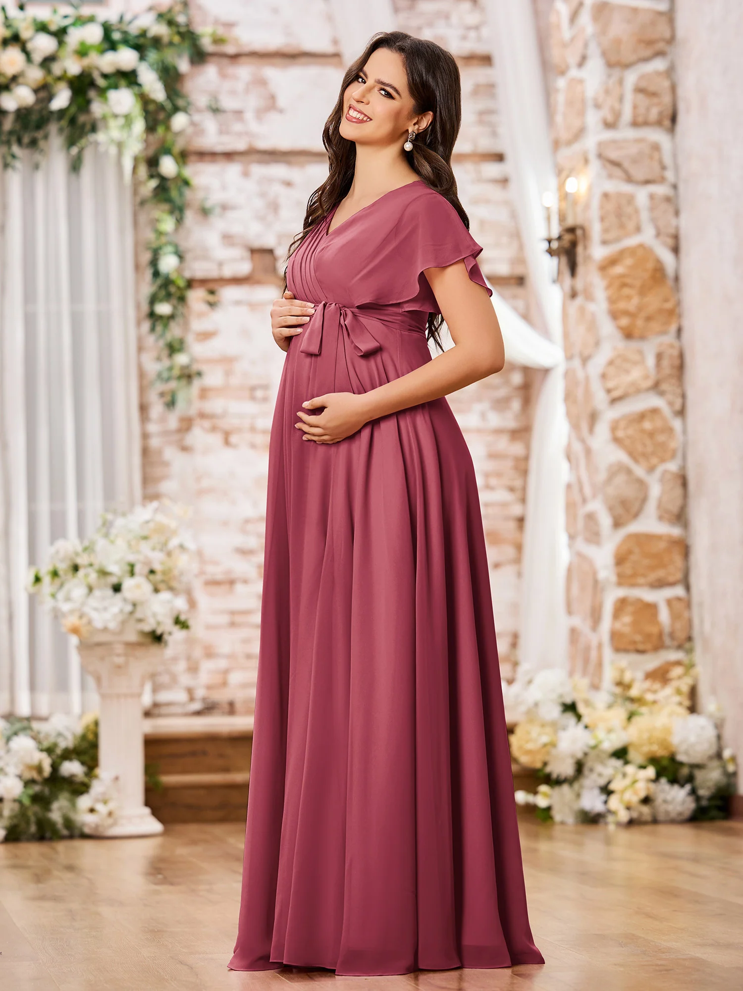 V-neck A-line Cap Sleeves Chiffon Maxi Dresses with Slit Cinnamon Rose - Image 3