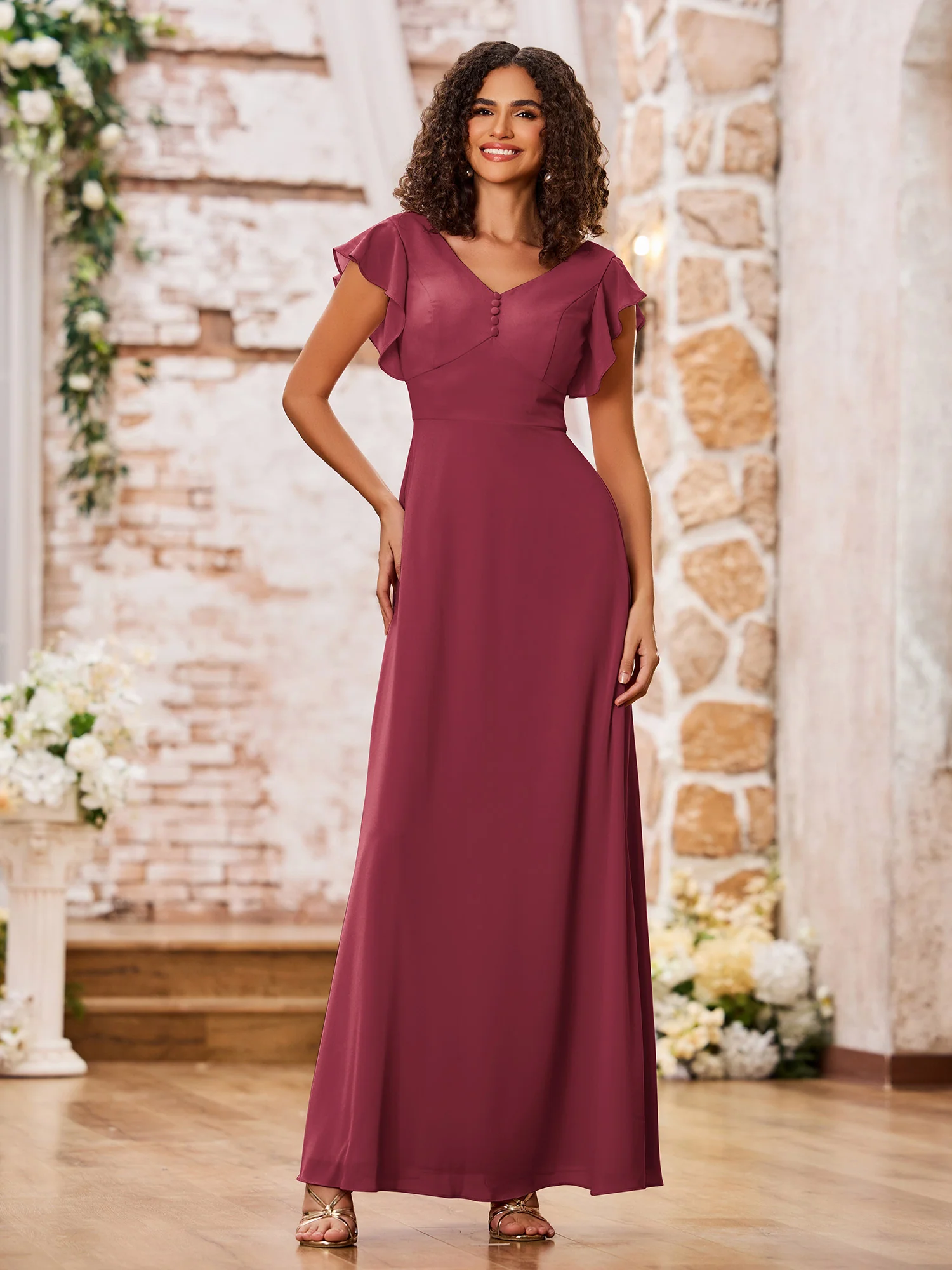 V-neck A-line Flutter Sleeves Long Chiffon Dresses Cinnamon Rose