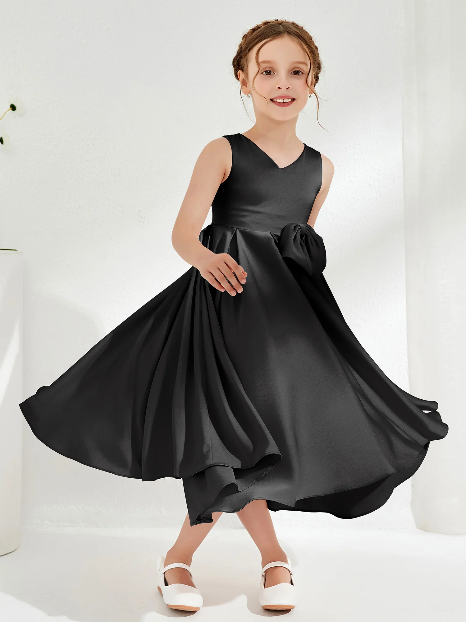 V-Neck Acetate Satin Girl's Dress with Bow Black - Image 3