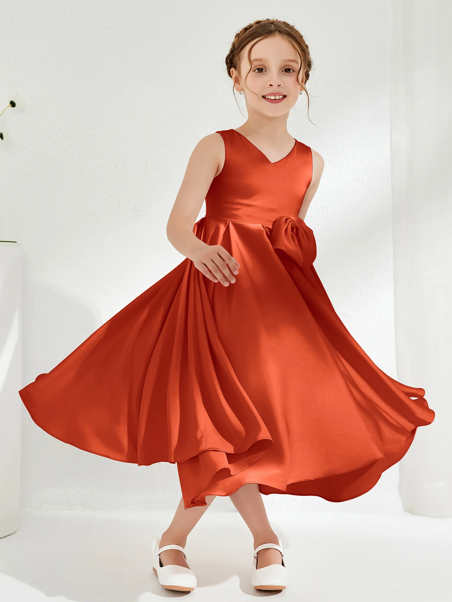 V-Neck Acetate Satin Girl's Dress with Bow Burnt Orange - Image 3