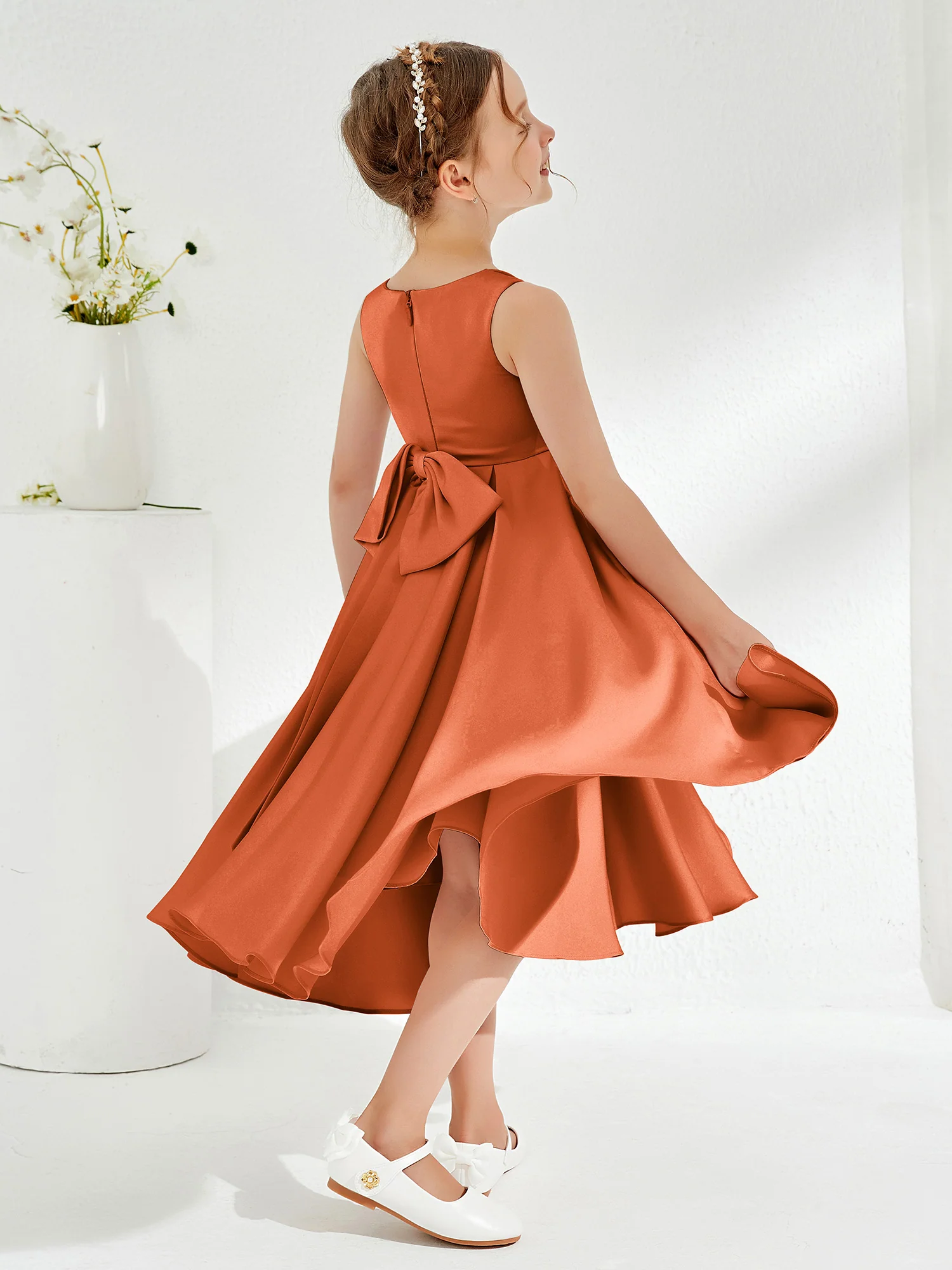 V-Neck Acetate Satin Girl's Dress with Bow Rust - Image 2