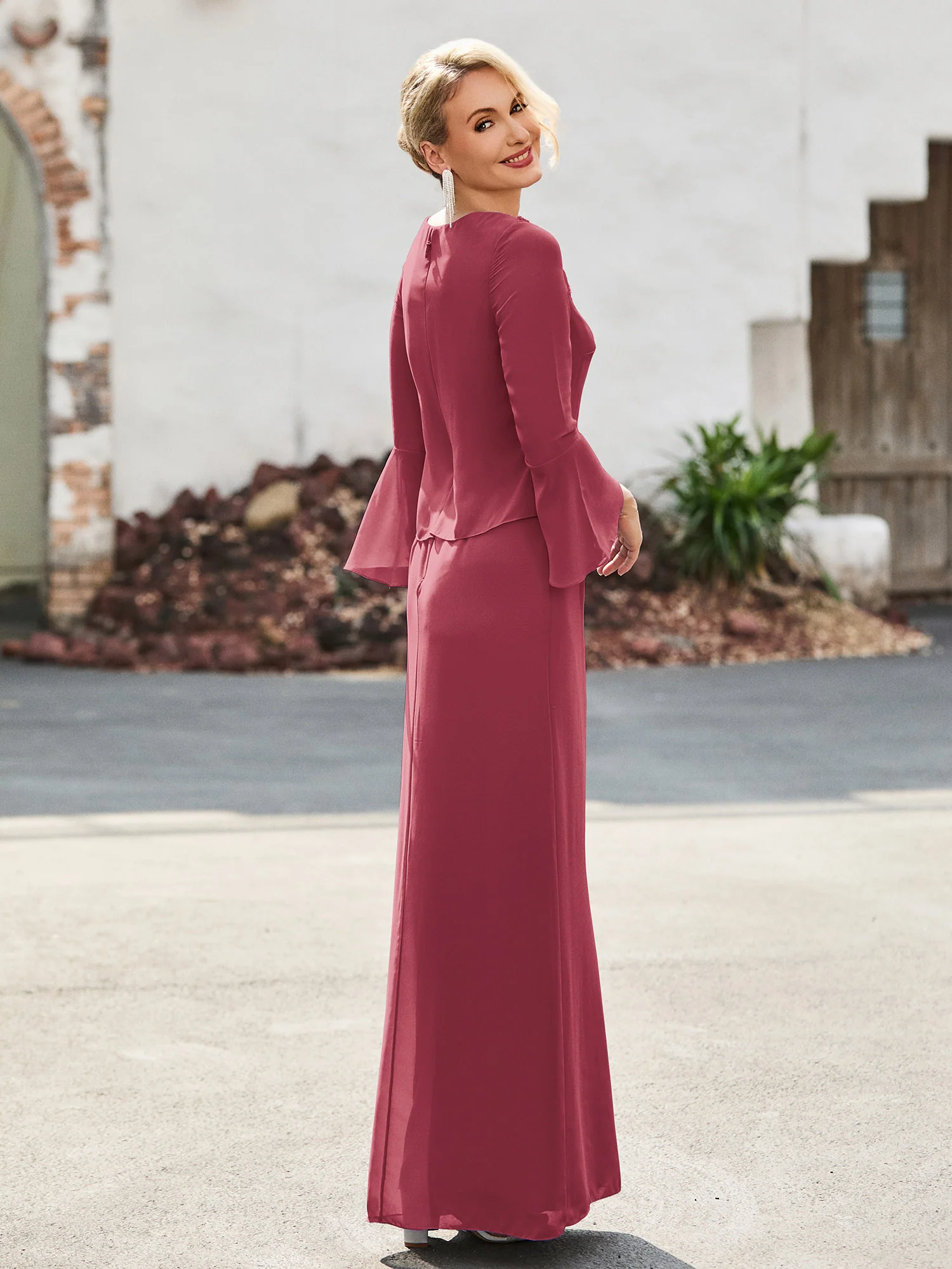 V-neck Beaded Floor-length Sheath Dress Cinnamon Rose - Image 2