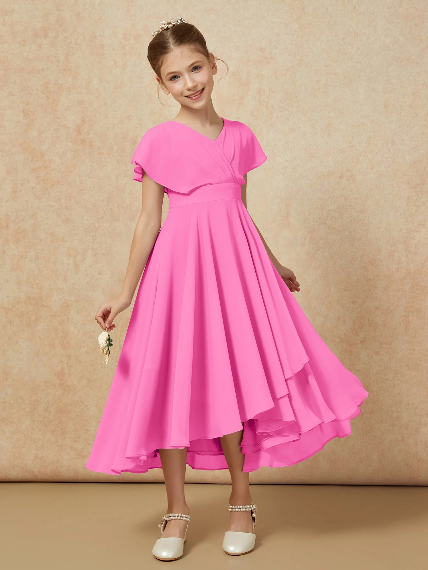 V-neck Chiffon Asymmetrical Junior Bridesmaid Dresses Azalea - Image 6