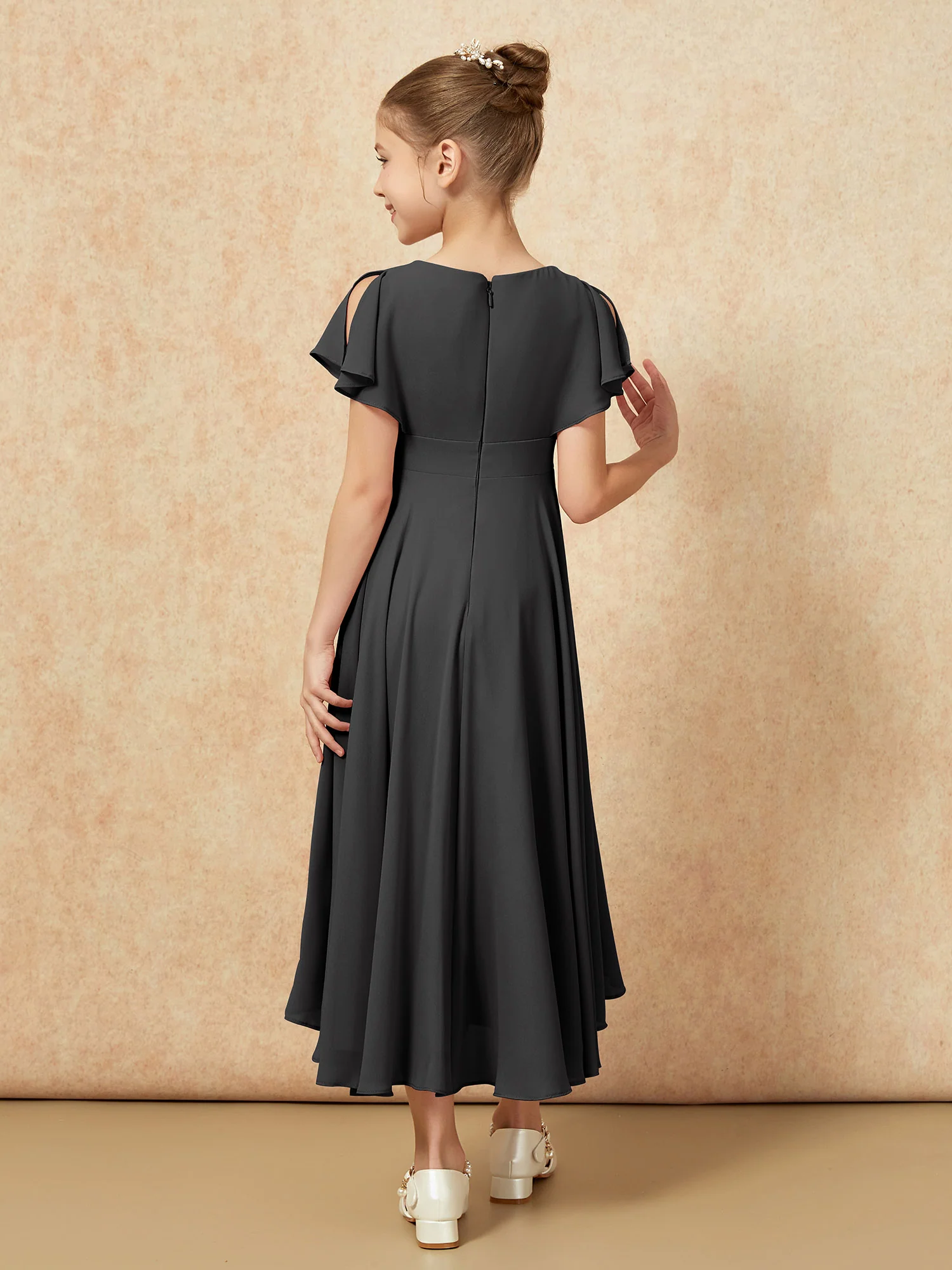 V-neck Chiffon Asymmetrical Junior Bridesmaid Dresses Black - Image 2