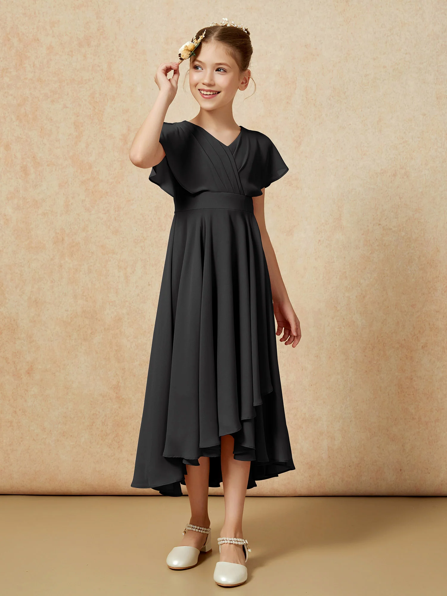 V-neck Chiffon Asymmetrical Junior Bridesmaid Dresses Black - Image 3