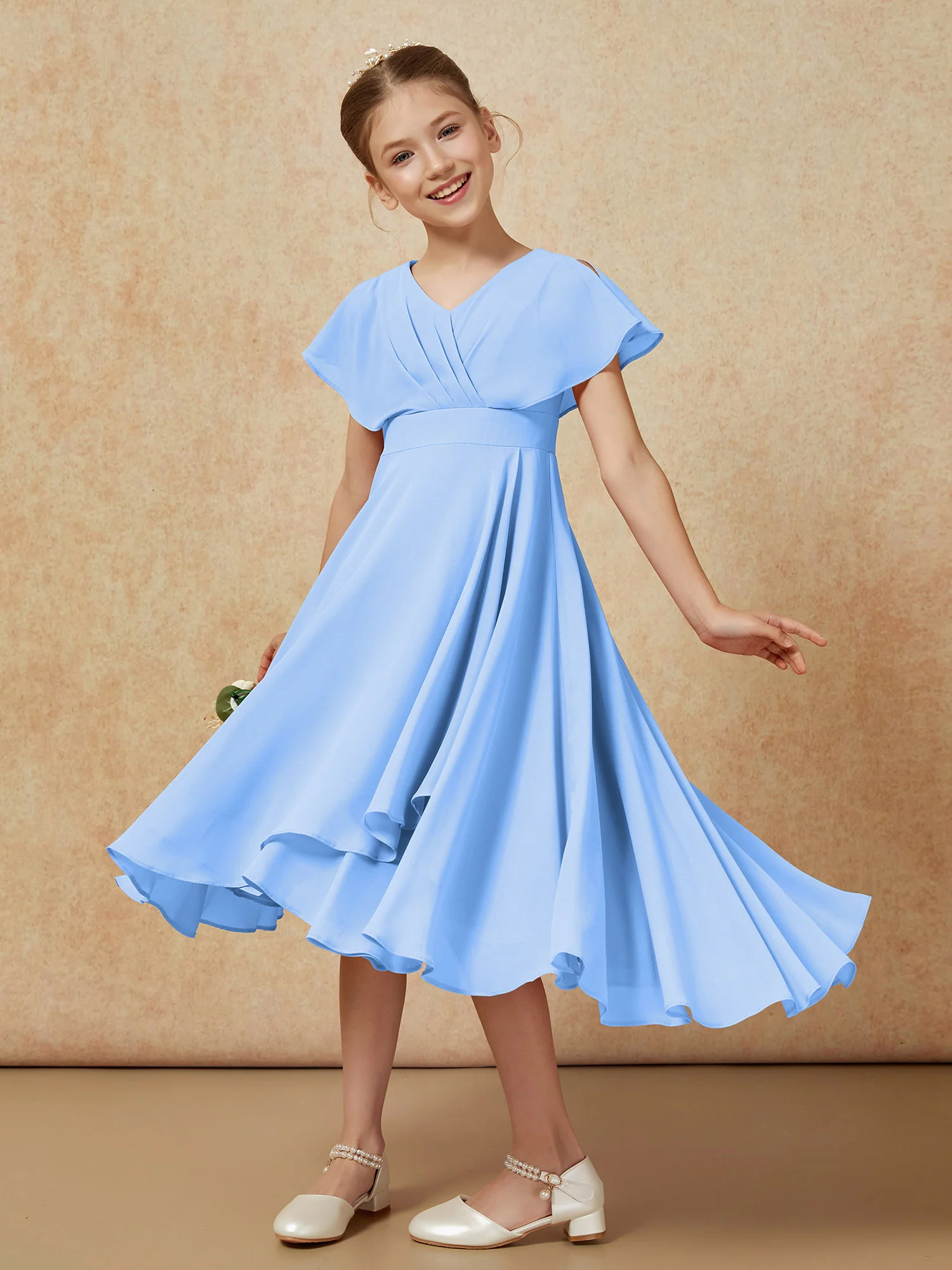 V-neck Chiffon Asymmetrical Junior Bridesmaid Dresses Blue - Image 4