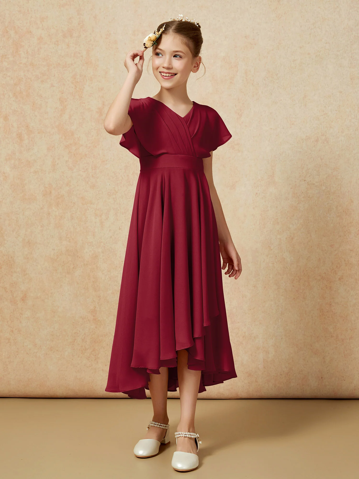 V-neck Chiffon Asymmetrical Junior Bridesmaid Dresses Burgundy - Image 3