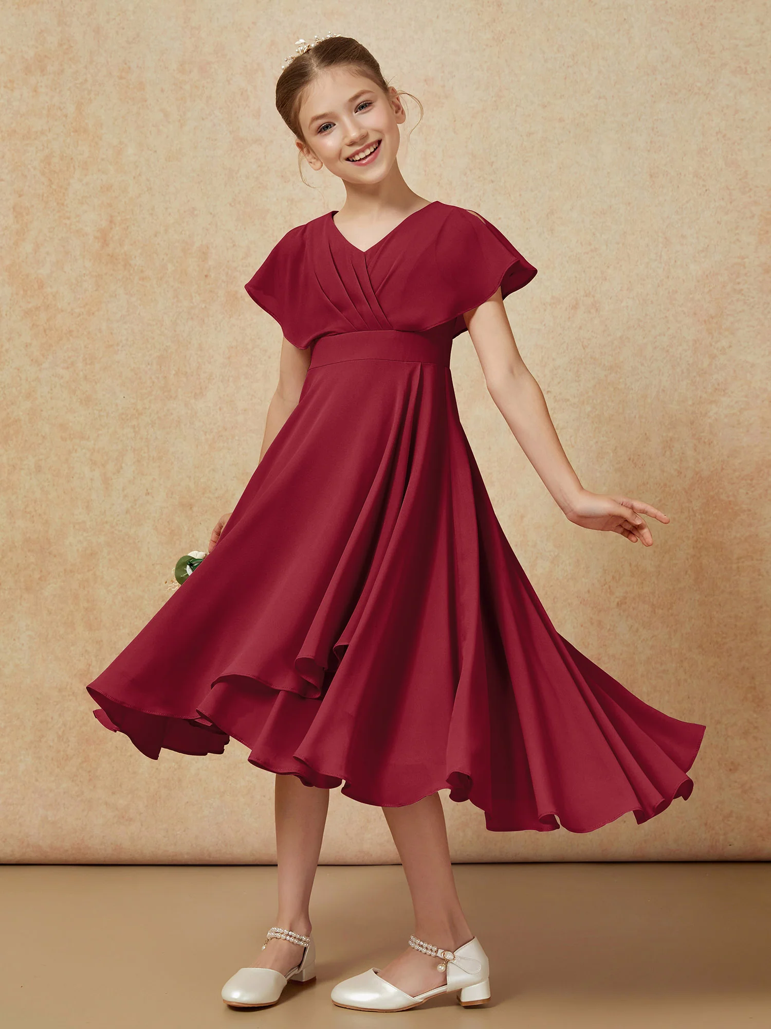 V-neck Chiffon Asymmetrical Junior Bridesmaid Dresses Burgundy - Image 4