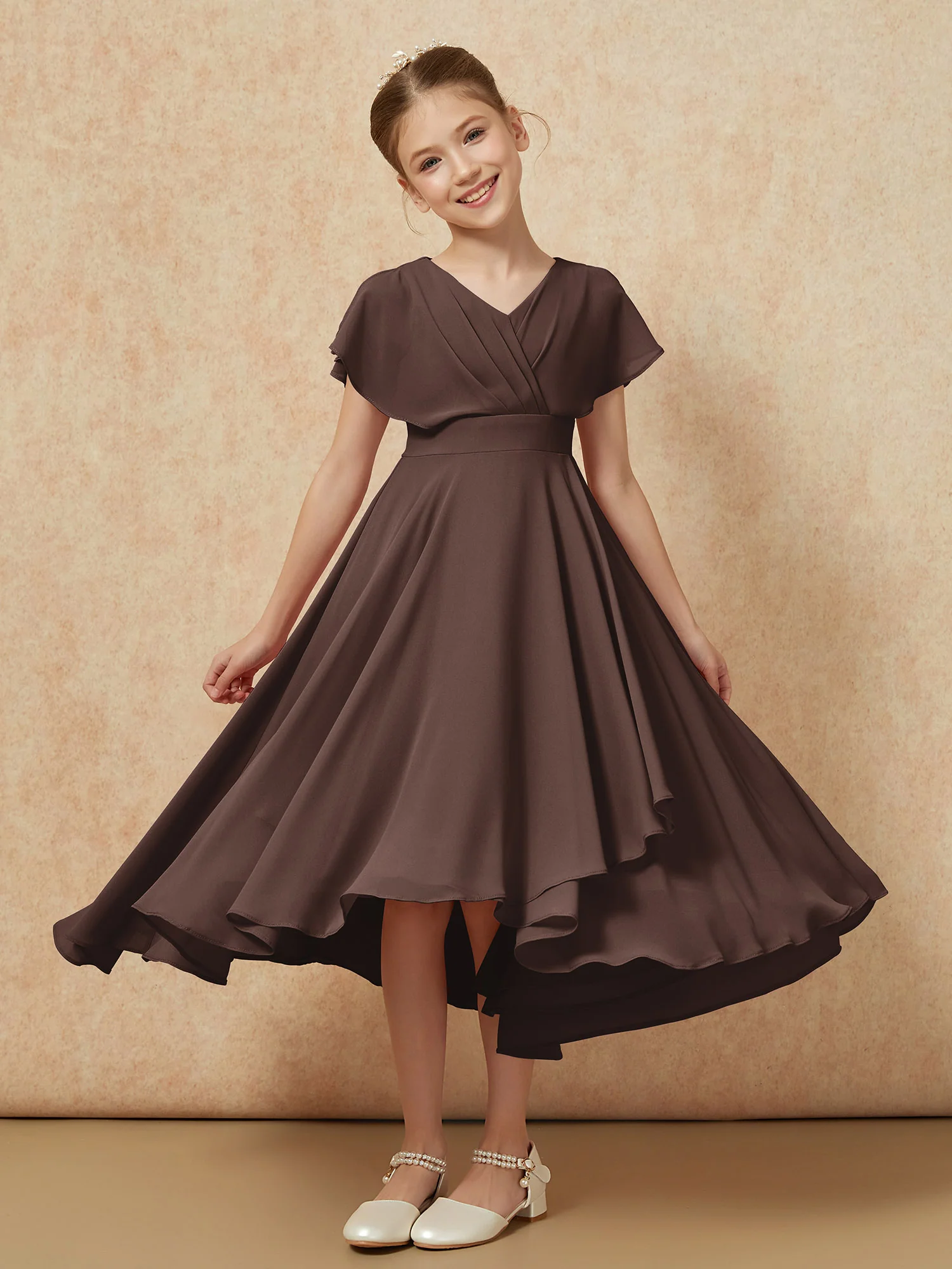 V-neck Chiffon Asymmetrical Junior Bridesmaid Dresses Chocolate