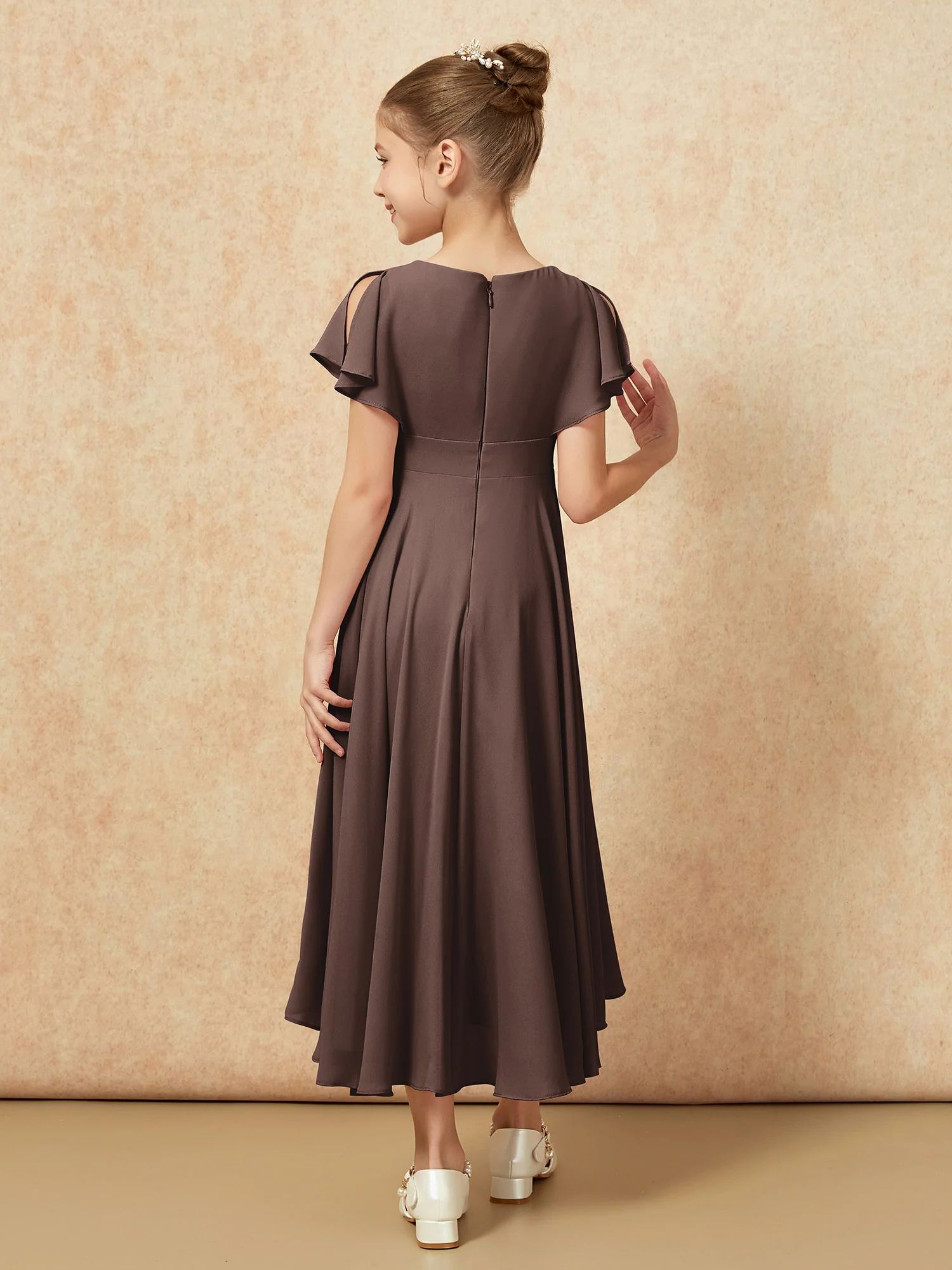 V-neck Chiffon Asymmetrical Junior Bridesmaid Dresses Chocolate - Image 2