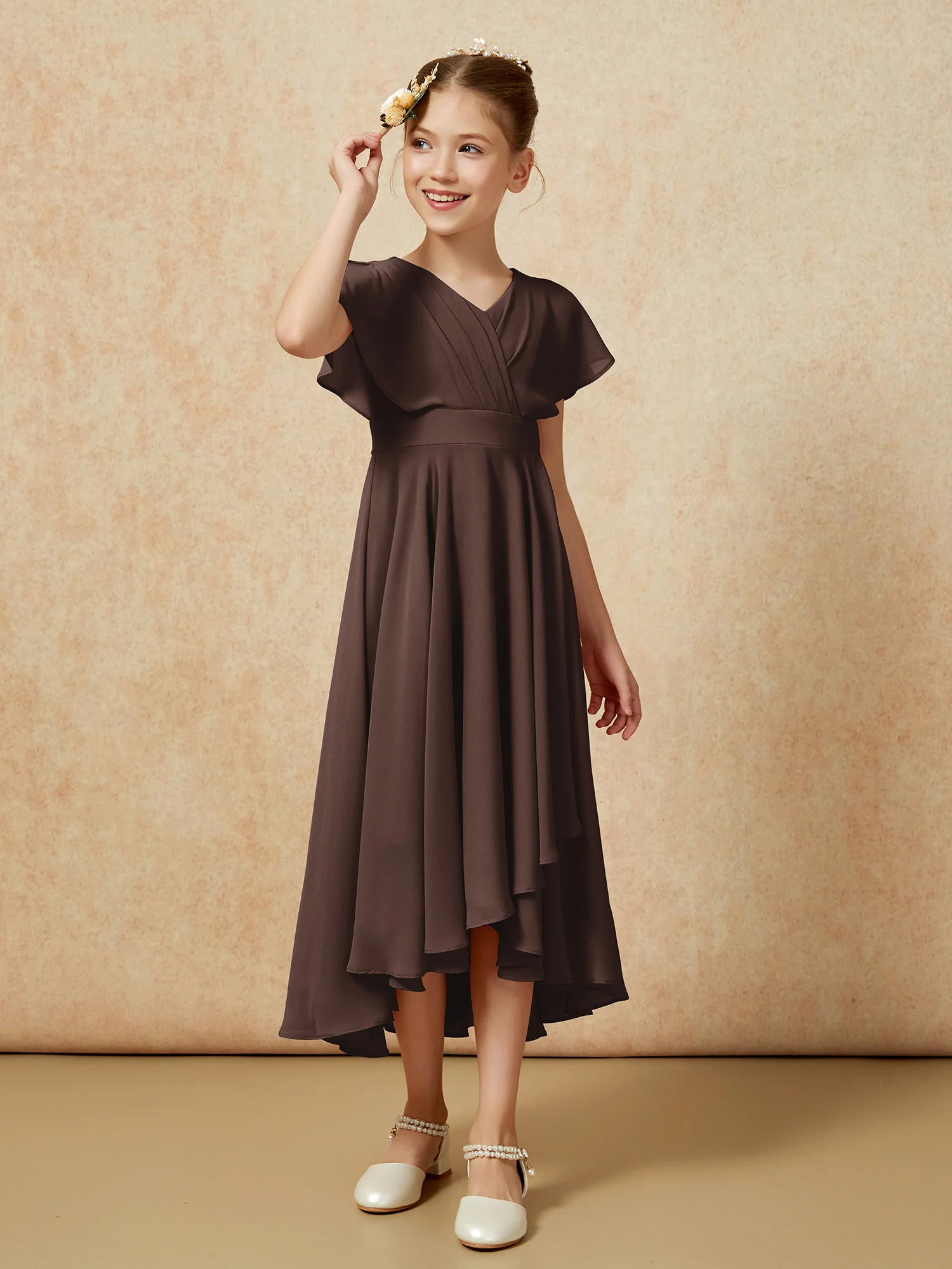 V-neck Chiffon Asymmetrical Junior Bridesmaid Dresses Chocolate - Image 3