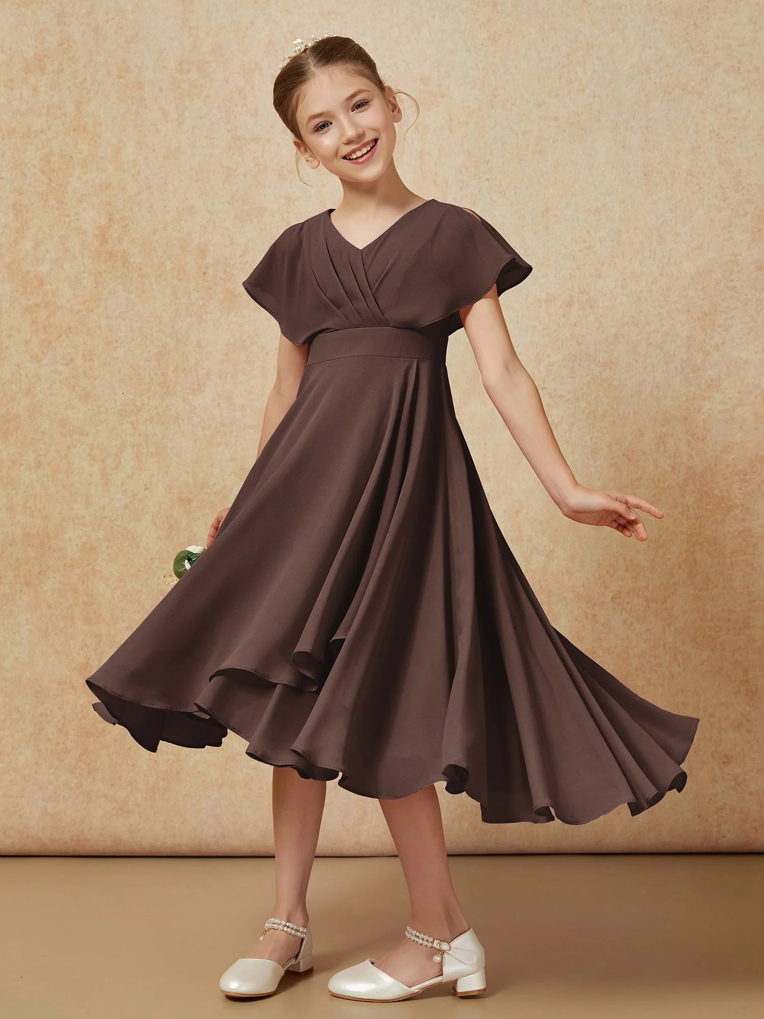 V-neck Chiffon Asymmetrical Junior Bridesmaid Dresses Chocolate - Image 4
