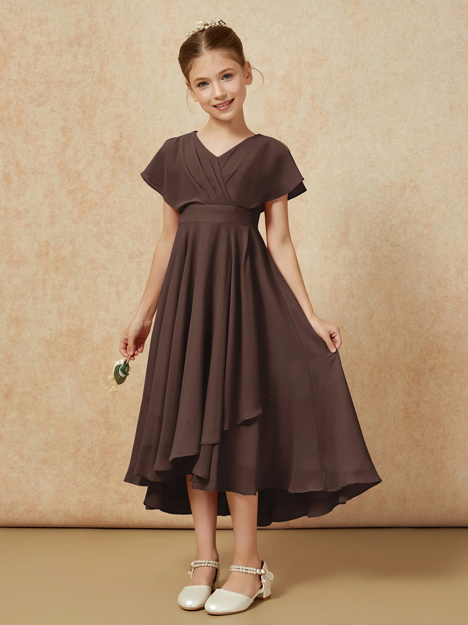 V-neck Chiffon Asymmetrical Junior Bridesmaid Dresses Chocolate - Image 5