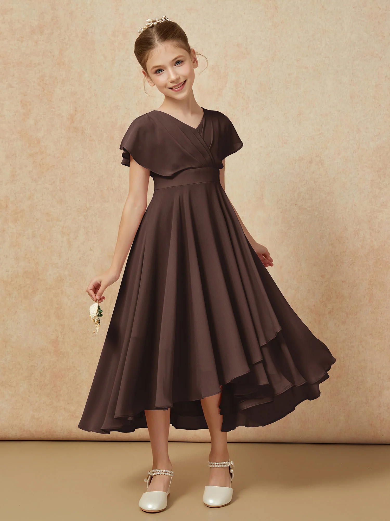 V-neck Chiffon Asymmetrical Junior Bridesmaid Dresses Chocolate - Image 6