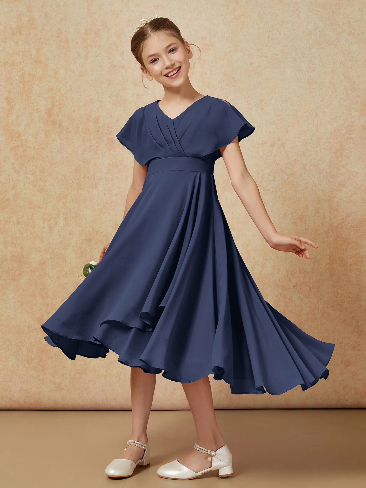 V-neck Chiffon Asymmetrical Junior Bridesmaid Dresses Dark Navy - Image 4