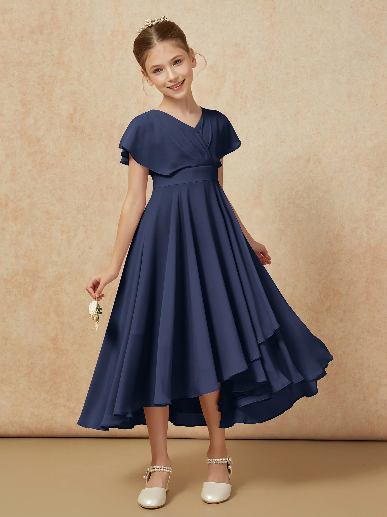 V-neck Chiffon Asymmetrical Junior Bridesmaid Dresses Dark Navy - Image 6