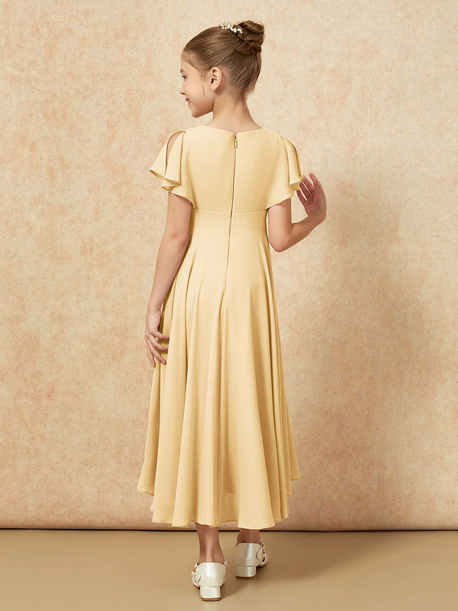 V-neck Chiffon Asymmetrical Junior Bridesmaid Dresses Gold - Image 2