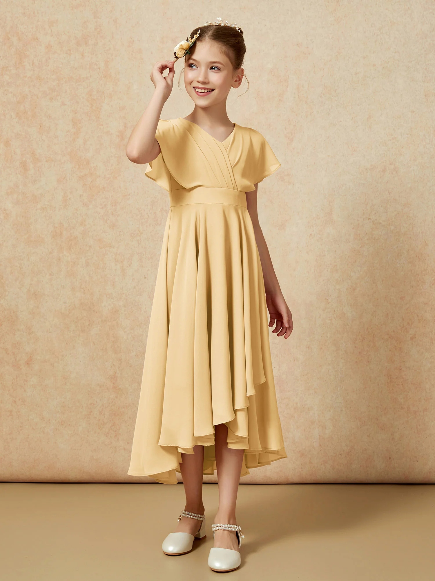 V-neck Chiffon Asymmetrical Junior Bridesmaid Dresses Gold - Image 3