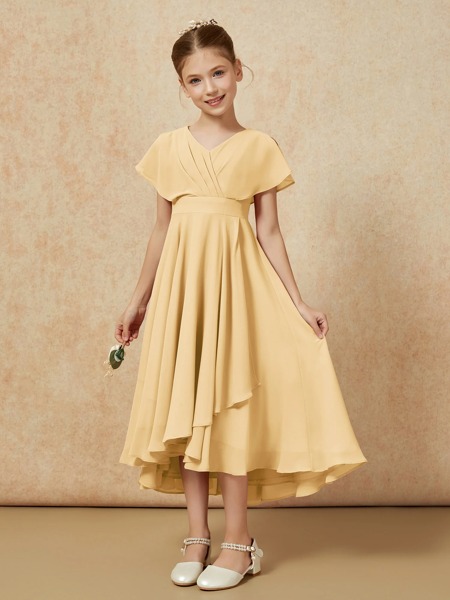 V-neck Chiffon Asymmetrical Junior Bridesmaid Dresses Gold - Image 5