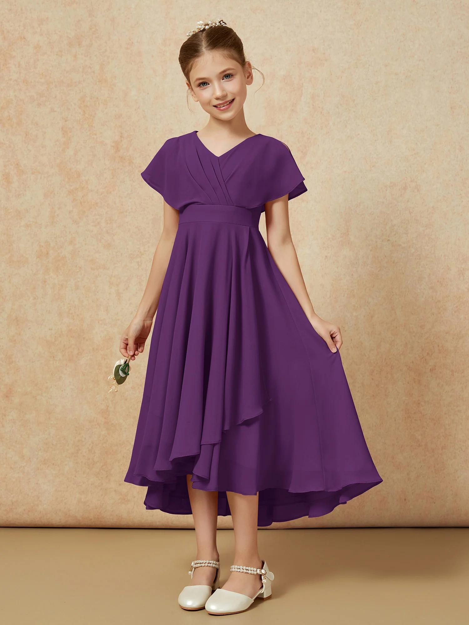 V-neck Chiffon Asymmetrical Junior Bridesmaid Dresses Grape - Image 5