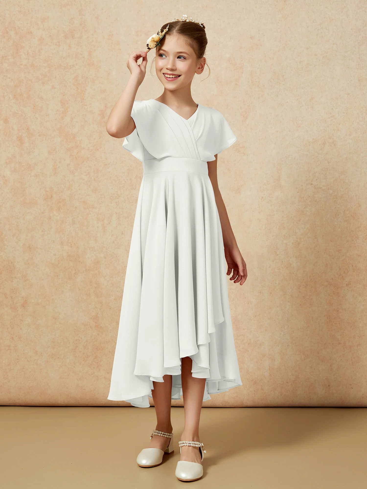 V-neck Chiffon Asymmetrical Junior Bridesmaid Dresses Ivory - Image 3