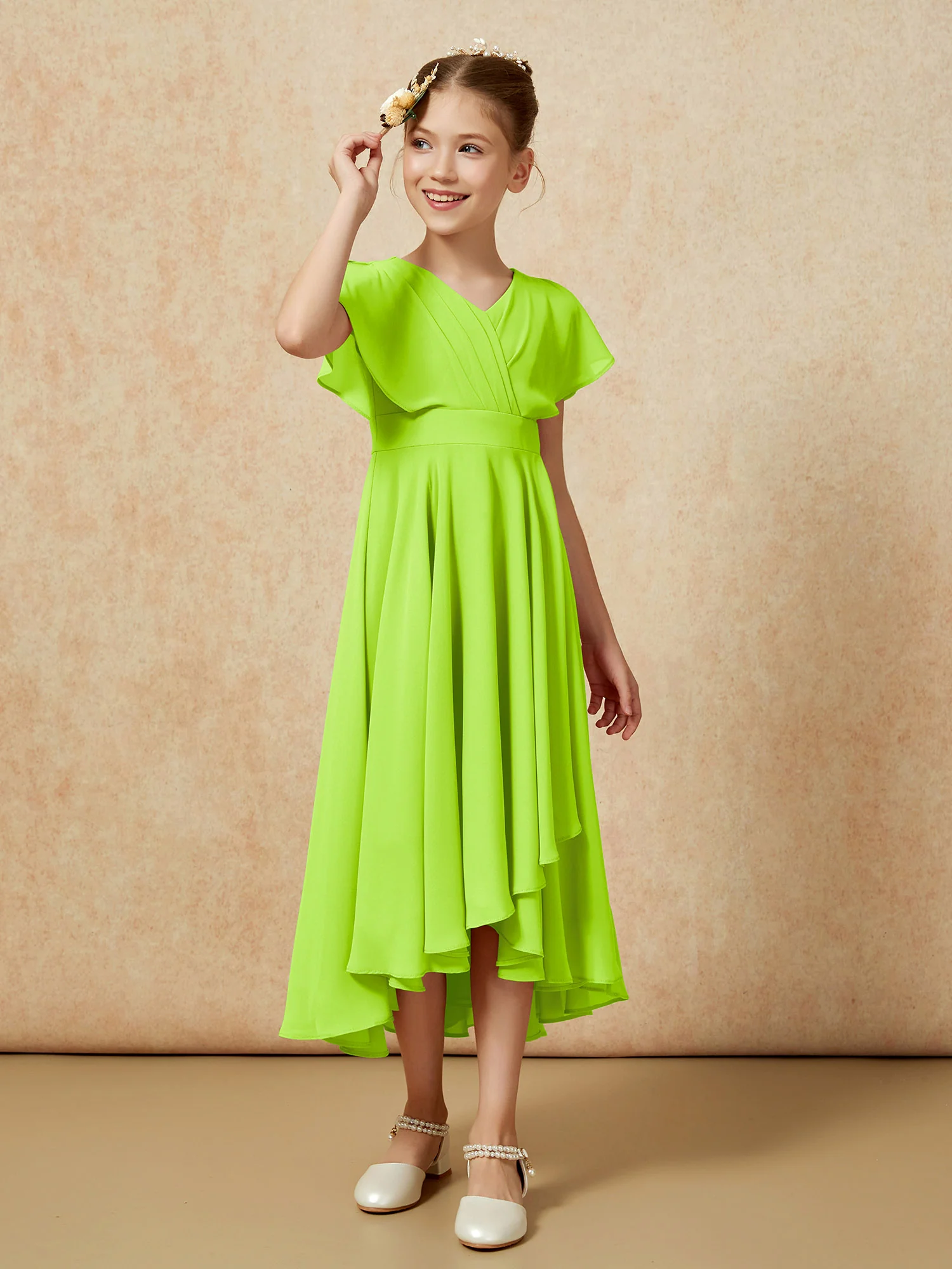 V-neck Chiffon Asymmetrical Junior Bridesmaid Dresses Lime Green - Image 3