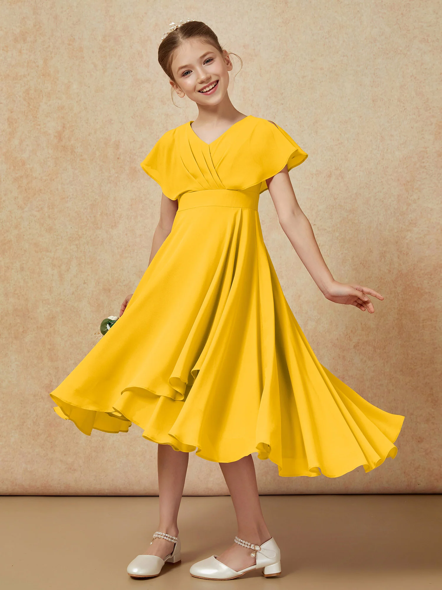 V-neck Chiffon Asymmetrical Junior Bridesmaid Dresses Marigold - Image 4