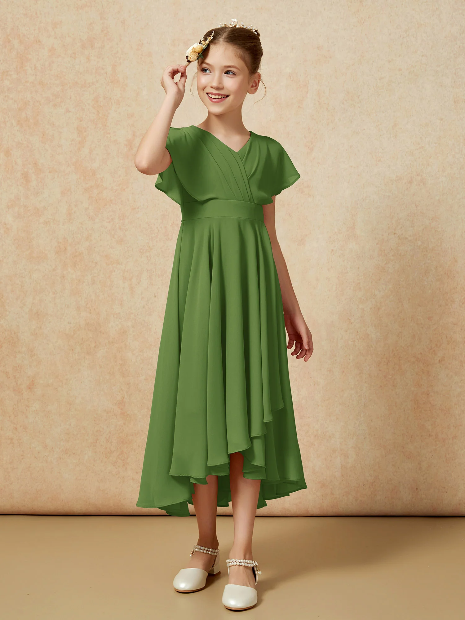 V-neck Chiffon Asymmetrical Junior Bridesmaid Dresses Moss - Image 3